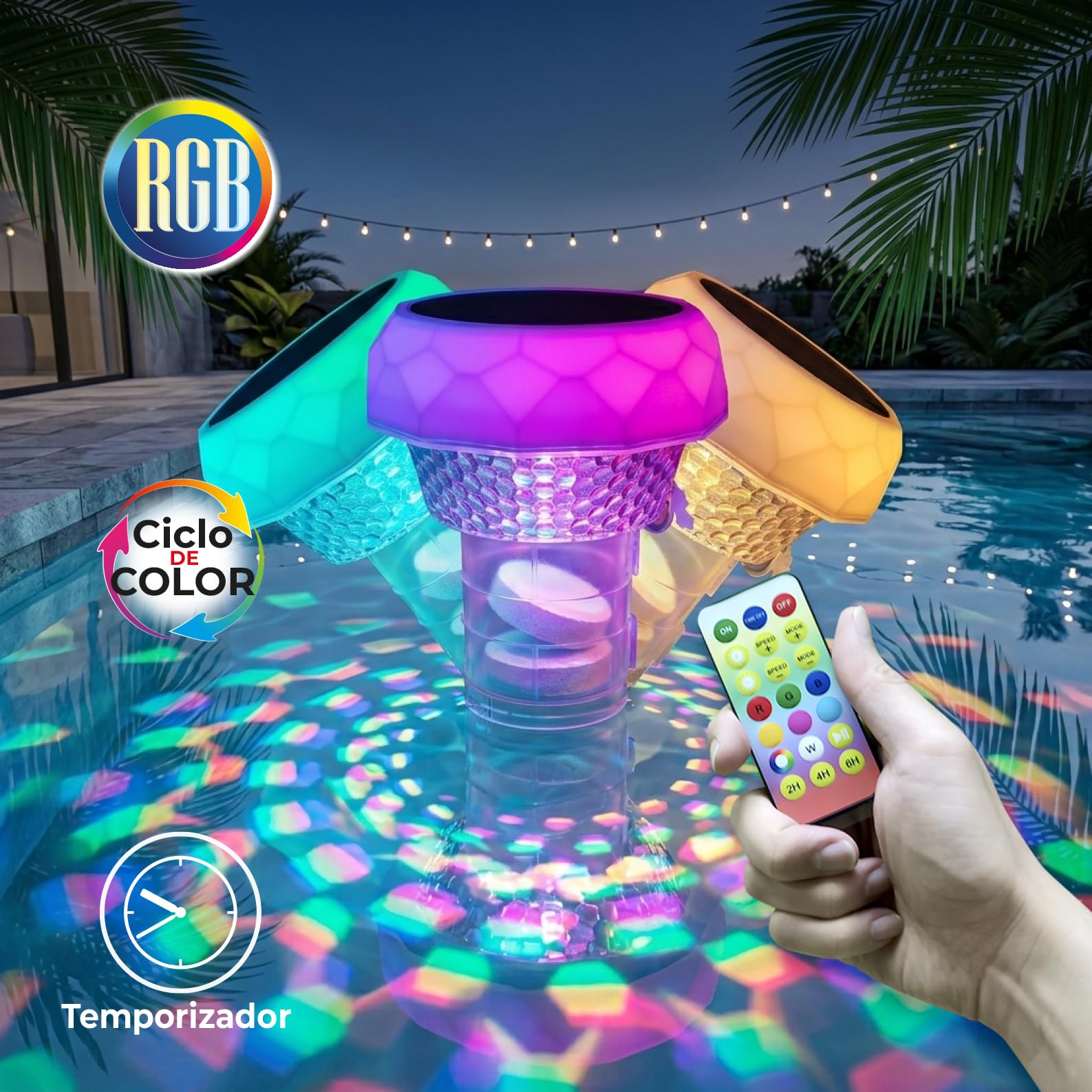 LED ATOMANT Dosificador Cloro Piscina Flotante con Luz Solar LED, Dispensador Cloro con Mando a Distancia, Luces Sumergibles RGB, Temporizador, IP68 Impermeable, Luces Flotantes para Jardin