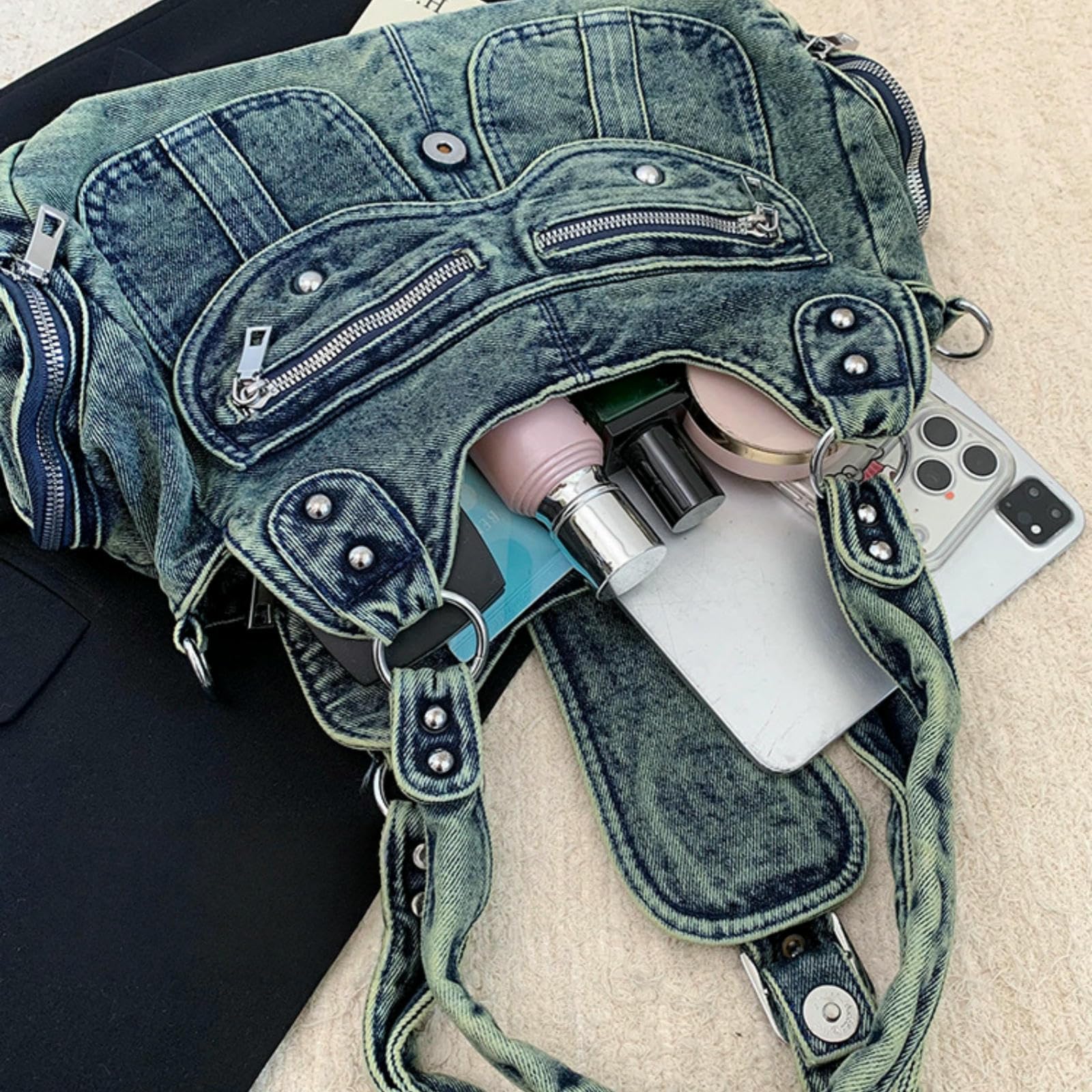 Umhängetasche Einkaufstasche, Damen-Design, Nische, Lässige Handtasche, Große Kapazität, Retro-Pendler-Denim-umhängetasche-schwarz