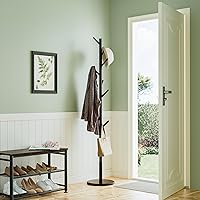 Vista 23 de Perchero de 2 niveles independiente, fácil de montar, 8 ganchos de madera, con almacenamiento de zapatos, resistente, para ahorrar espacio, perchero