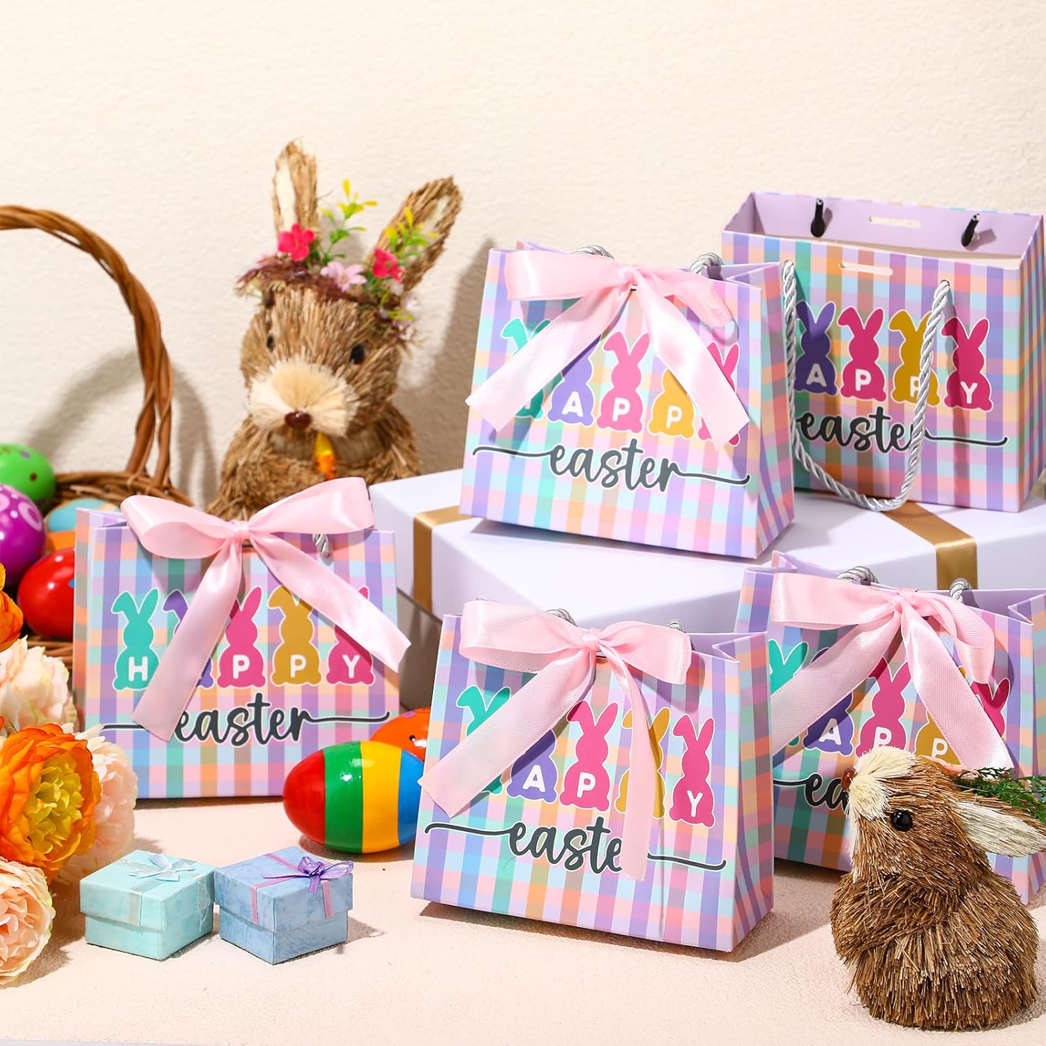 Sweetude 50 Pcs Happy Easter Gift Bags Bulk with Handles and Bow Ribbon Small Bunny Paper Treat Goodie Bags for Easter Basket Stuffers Theme Party Favors Supplies, 5.51 x 2.36 x 4.72 Inches - Image 4