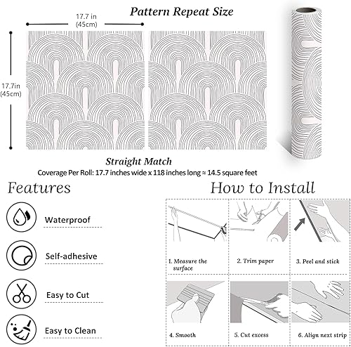 Miniatura 8 de VEELIKE Papel tapiz geométrico bohemio de arcos para despegar y pegar, estilo escandinavo, papel tapiz Art Deco para dormitorio, baño, pared