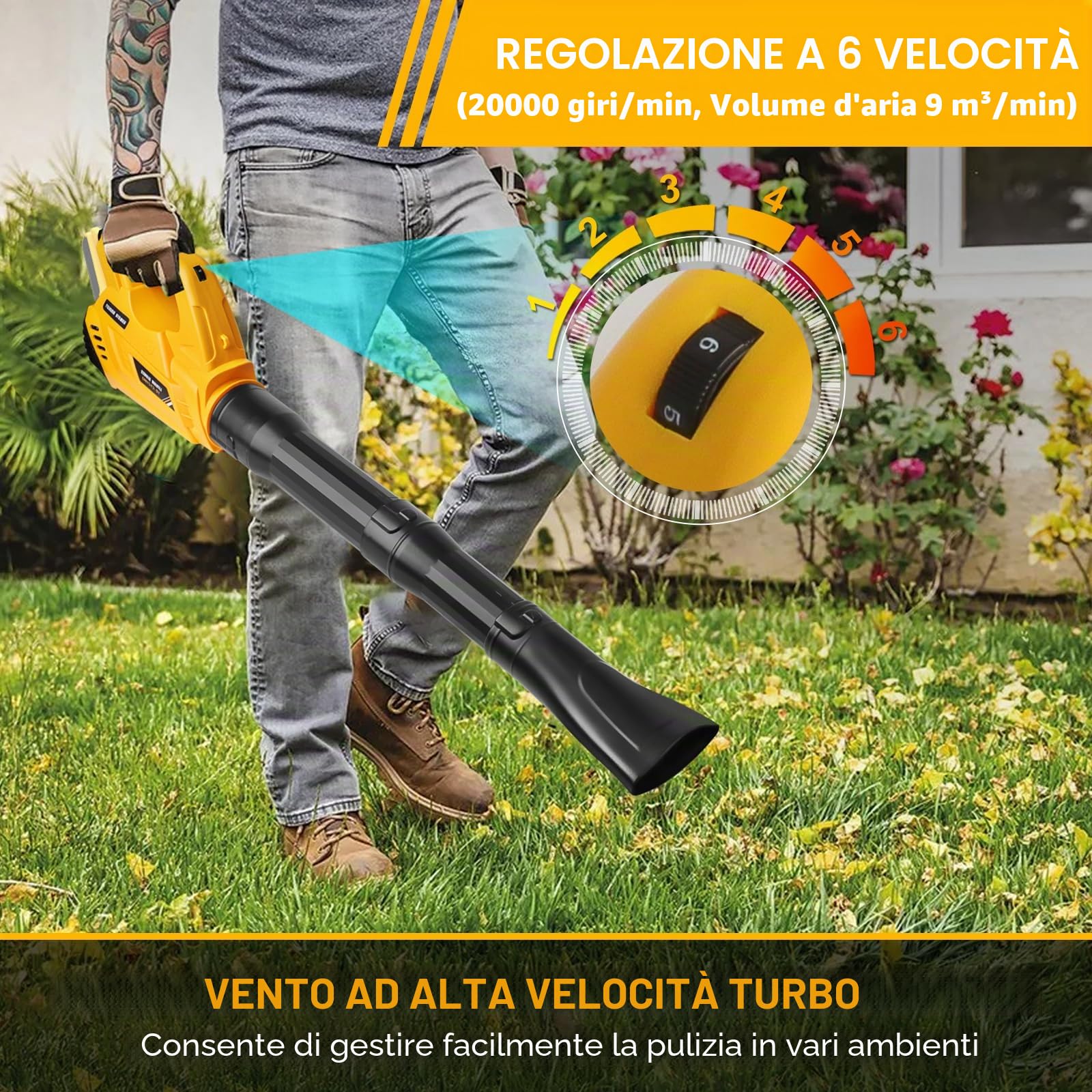 Powarobor Soffiatore per fogliame a batteria DEWALT 18 V XR MAX (20000 giri/min,9 m³/min,6 livelli,funzione di blocco,tracolla senza batteria, ideale per giardino e cortile, foglie autunnali