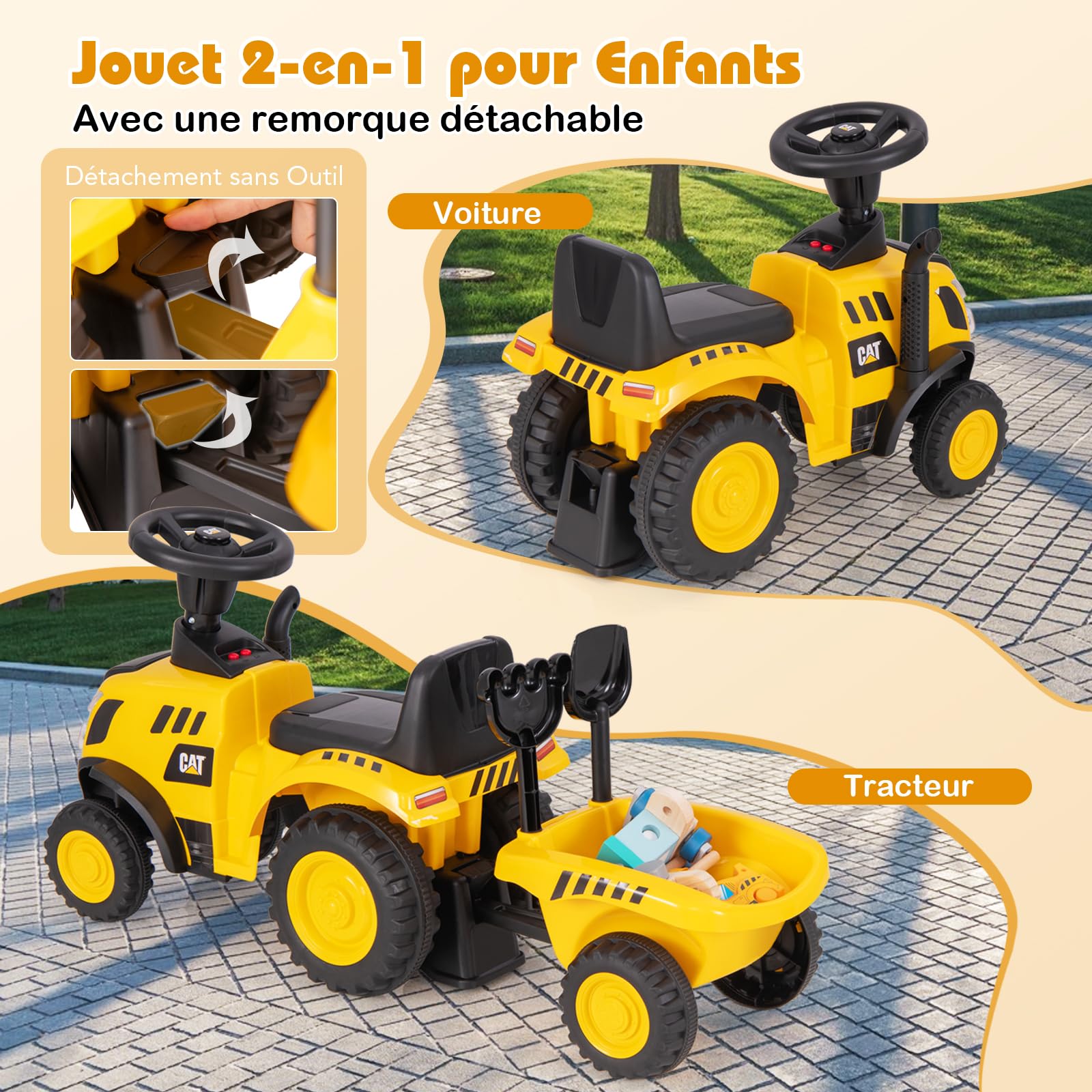 GOPLUS Tracteur Porteur Bebe Caterpillar, avec Remorque Amovible, Klaxon et Sons de Moteur, Lumières LED, Râteau et Pelle, Cadeau Camion Enfant pour Tout-Petits 1,5-3 Ans,Charge 25KG