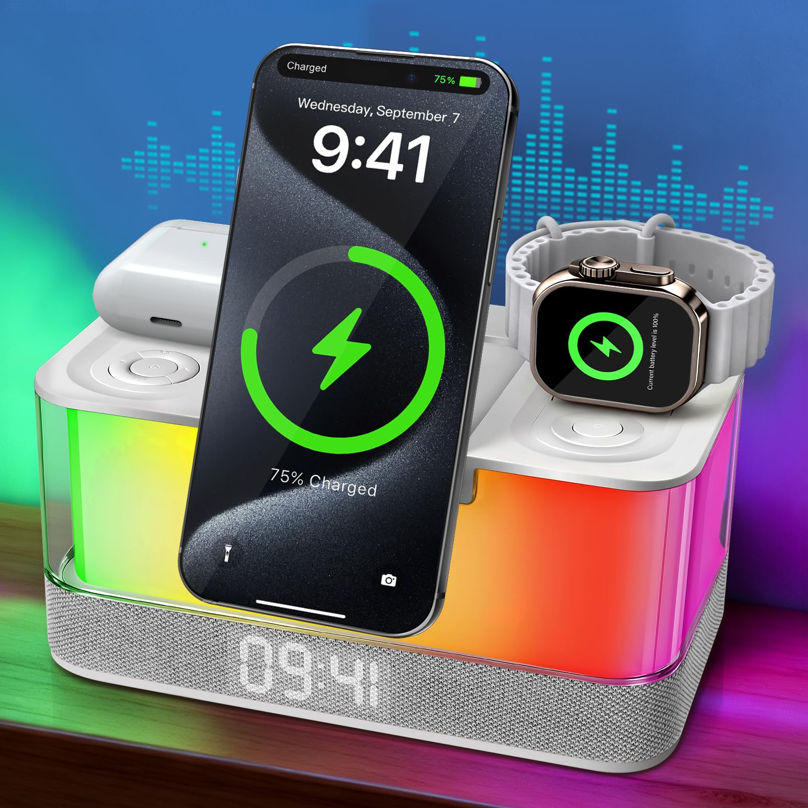 Charmofun Lampe de Chevet avec Enceinte Bluetooth et Chargeur Induction, 3 en 1 Station de Charge pour Phone Montre Connectée et Écouteurs, Enceinte Connectée avec Lampe d'ambiance Table
