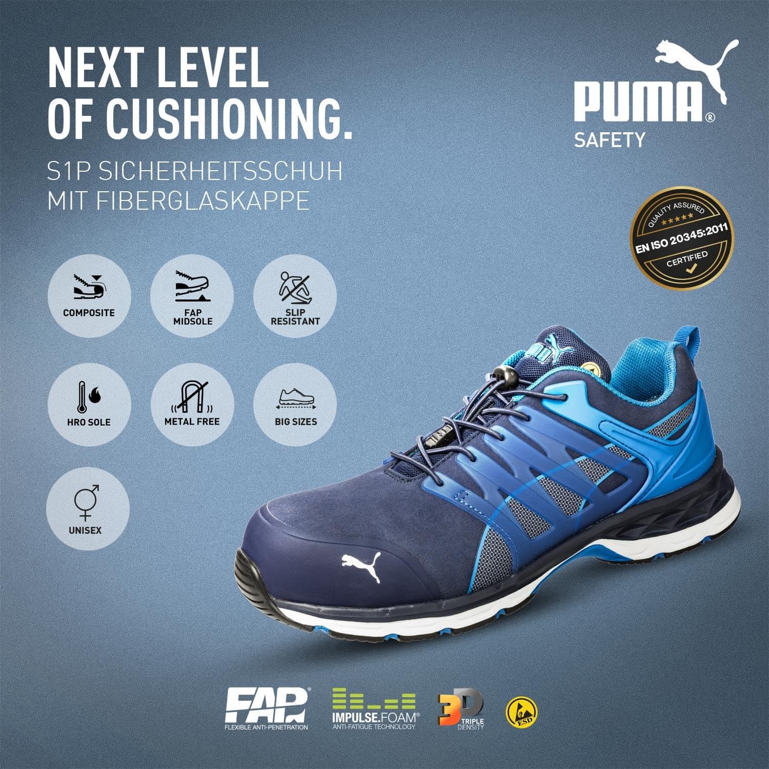 PUMA Safety Velocity 2.0 Blue Low buty robocze, buty ochronne, S1P SRC, czapka z włókna szklanego dla mężczyzn