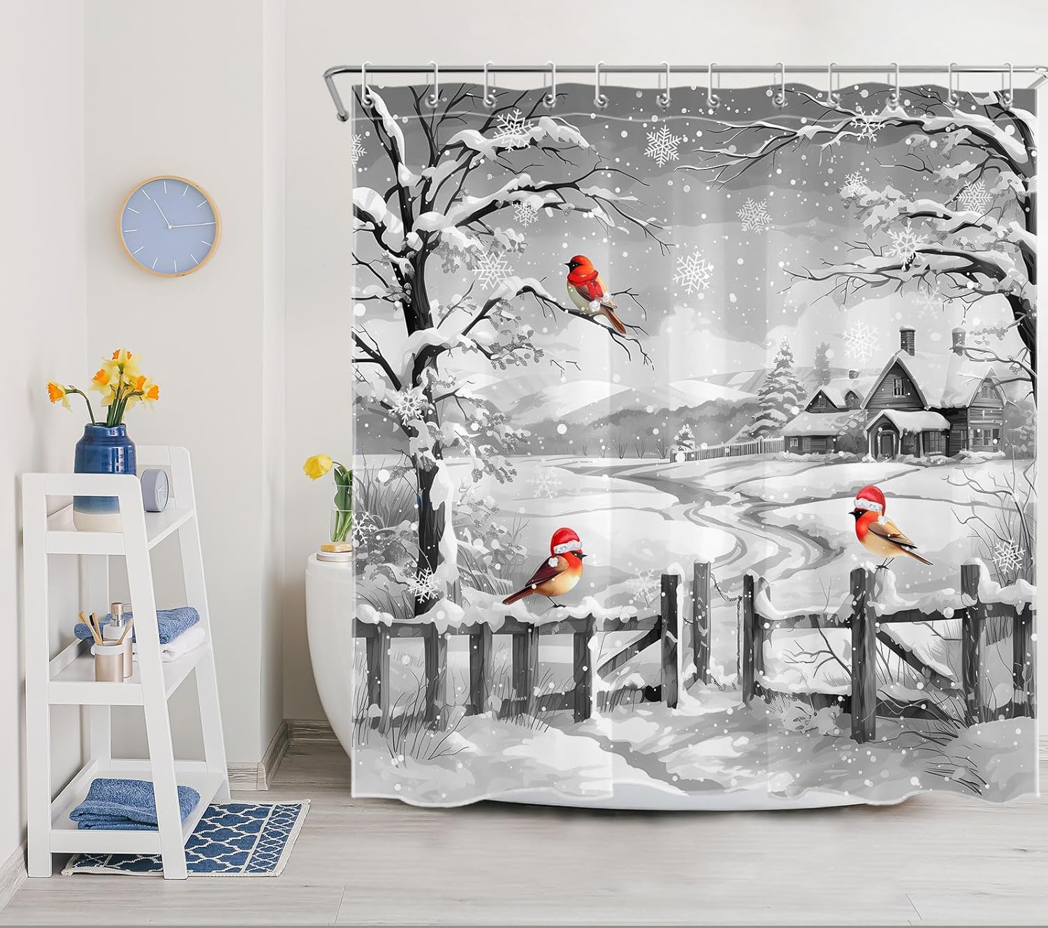 Farmhouse Winter Forest Cardinal Shower Curtain Christmas