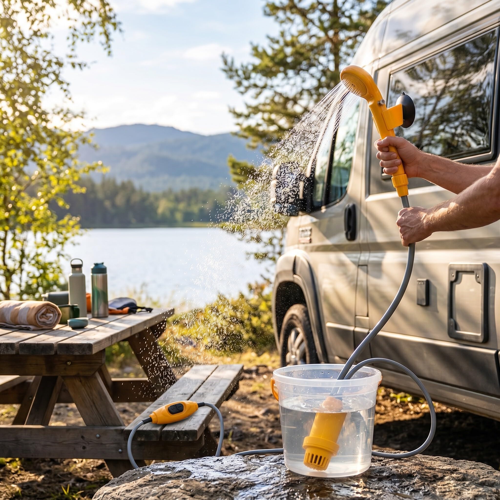 Douche de Camping 12V avec Pompe Submersible, Adaptateur Voiture, Tuyau 2m et Câble 5m, pour Camping, Jardin, Voiture, Animal Domestique