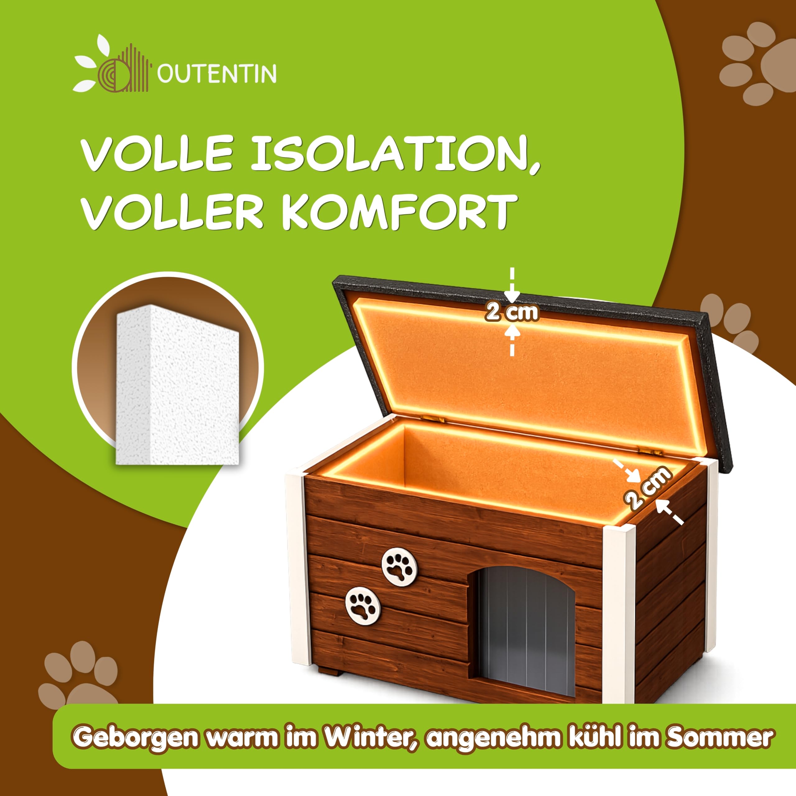 Outentin Cuccia Per Cani Da Esterno Invernale - Casa Per Cani Di Taglia Media Isolata e Impermeabile - Cuccia Per Esterni con Tetto Piatto Apribile - Villa Moderna e Robusta - 76 x 60 x 60 cm - Noce