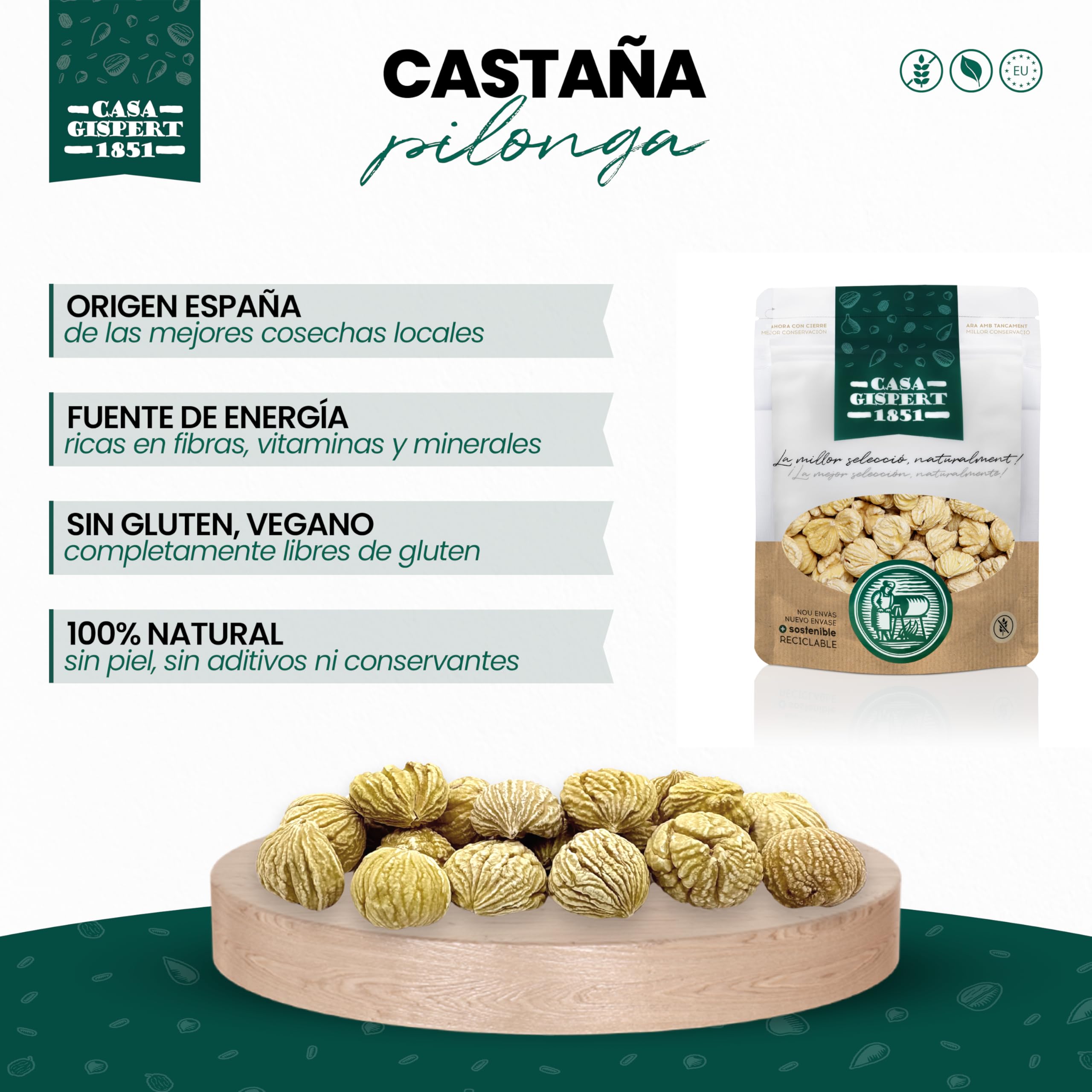 Casa Gispert - Castaña Pilonga Sin Piel - Sin Gluten, Vegano - 500 gr