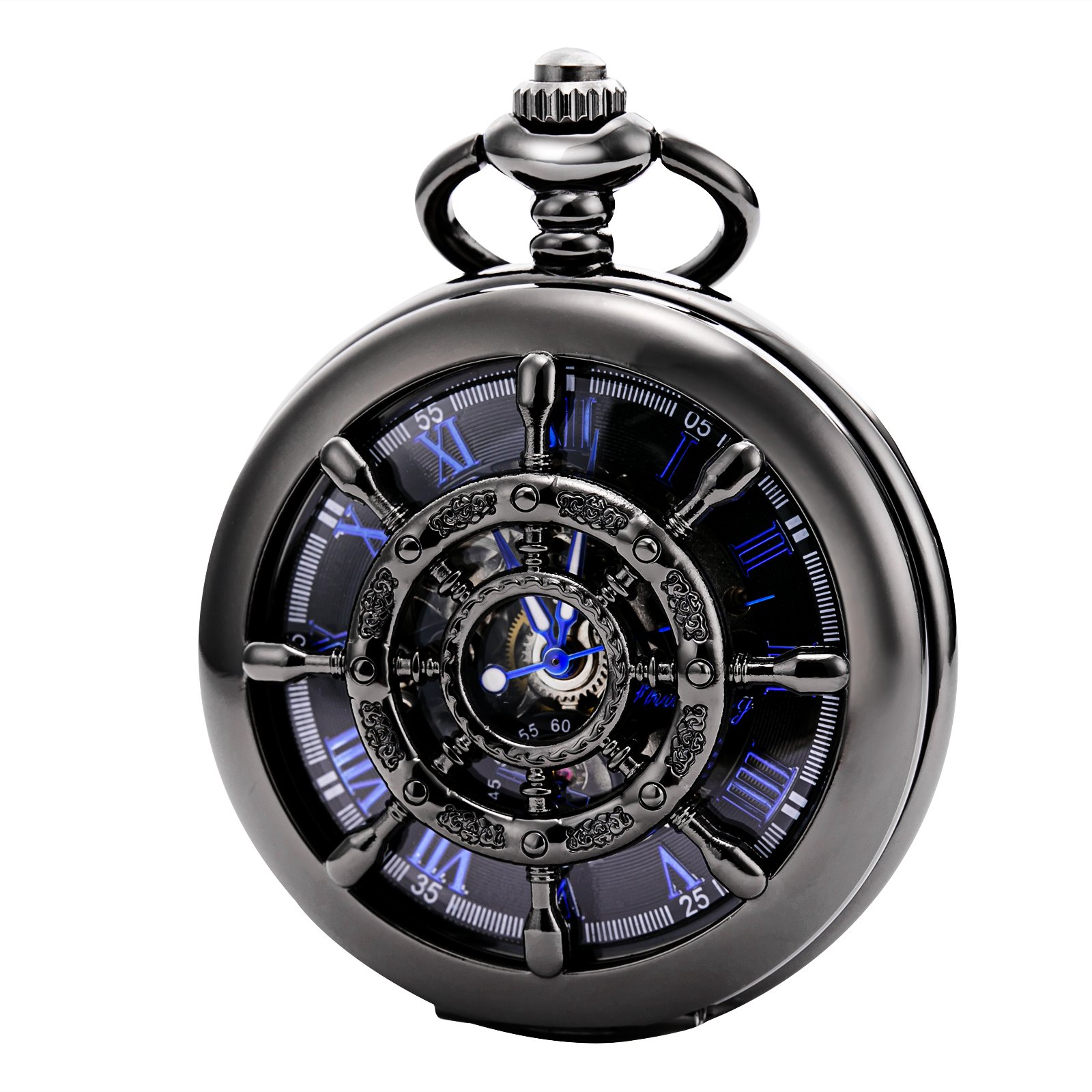 TREEWETO Reloj de bolsillo vintage timón hueco mecánico Steampunk esqueleto números romanos Fob reloj con cadena para hombres y mujeres
