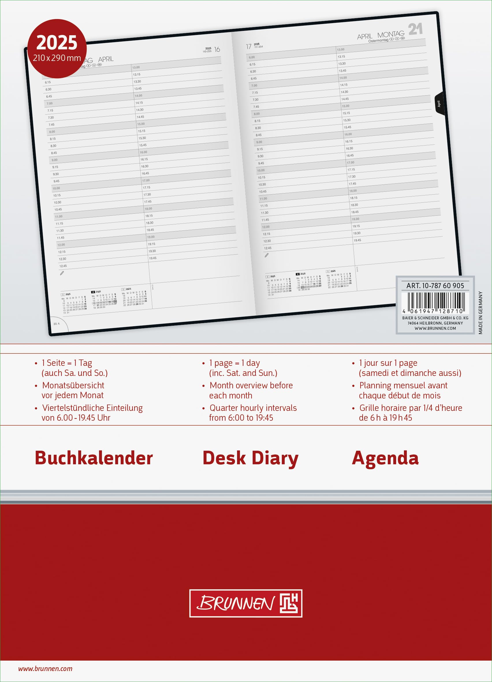 BRUNNEN Book Calendar Model 787 (2025), 1 Page = 1 Day, A4, 416 Pages, Balacron Cover, Black - Image 2