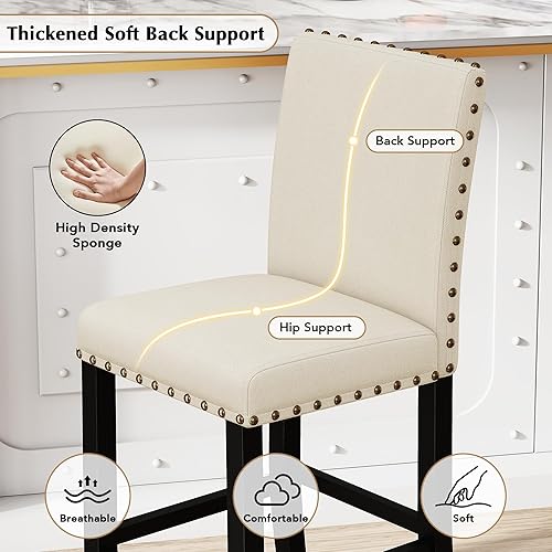 Miniatura 6 de DAGONHIL Juego de 4 taburetes de bar de altura de mostrador de 24 pulgadas modernos con patas de madera negra, cabeza de clavo, silla de bar