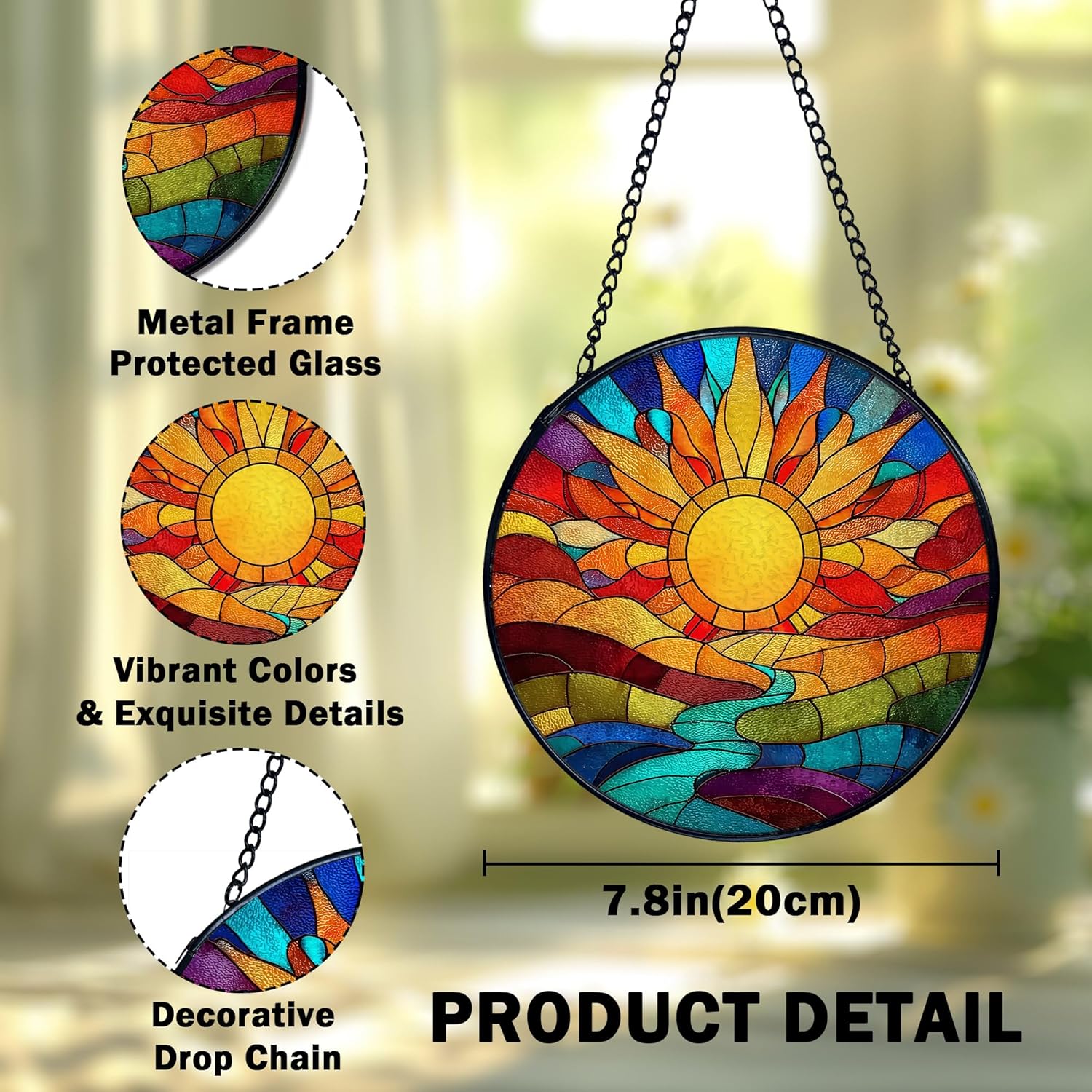 Sunshine Suncatcher Stained Glass Window Hanging, Nature Sunset Landscape Sun Catchers Indoor Window Glass Wall Art Decor, Sun Wall Hanging Decor Decorations, 7.9x7.9 Inch - Image 7