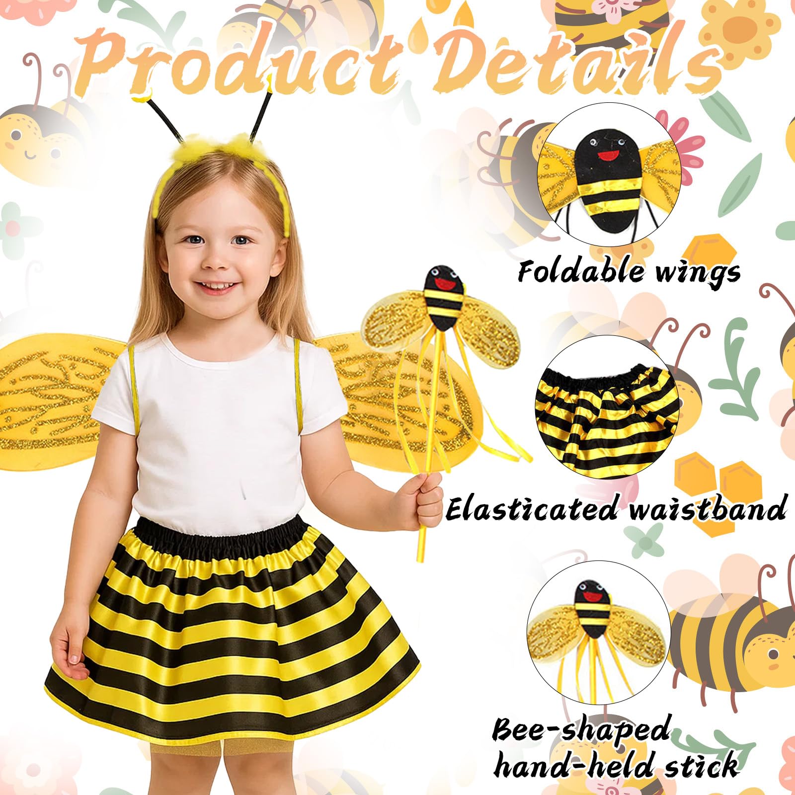 4 PCS Bee Costume for Kids Mini Beast Costume Kids with Wings, Headband - Image 3