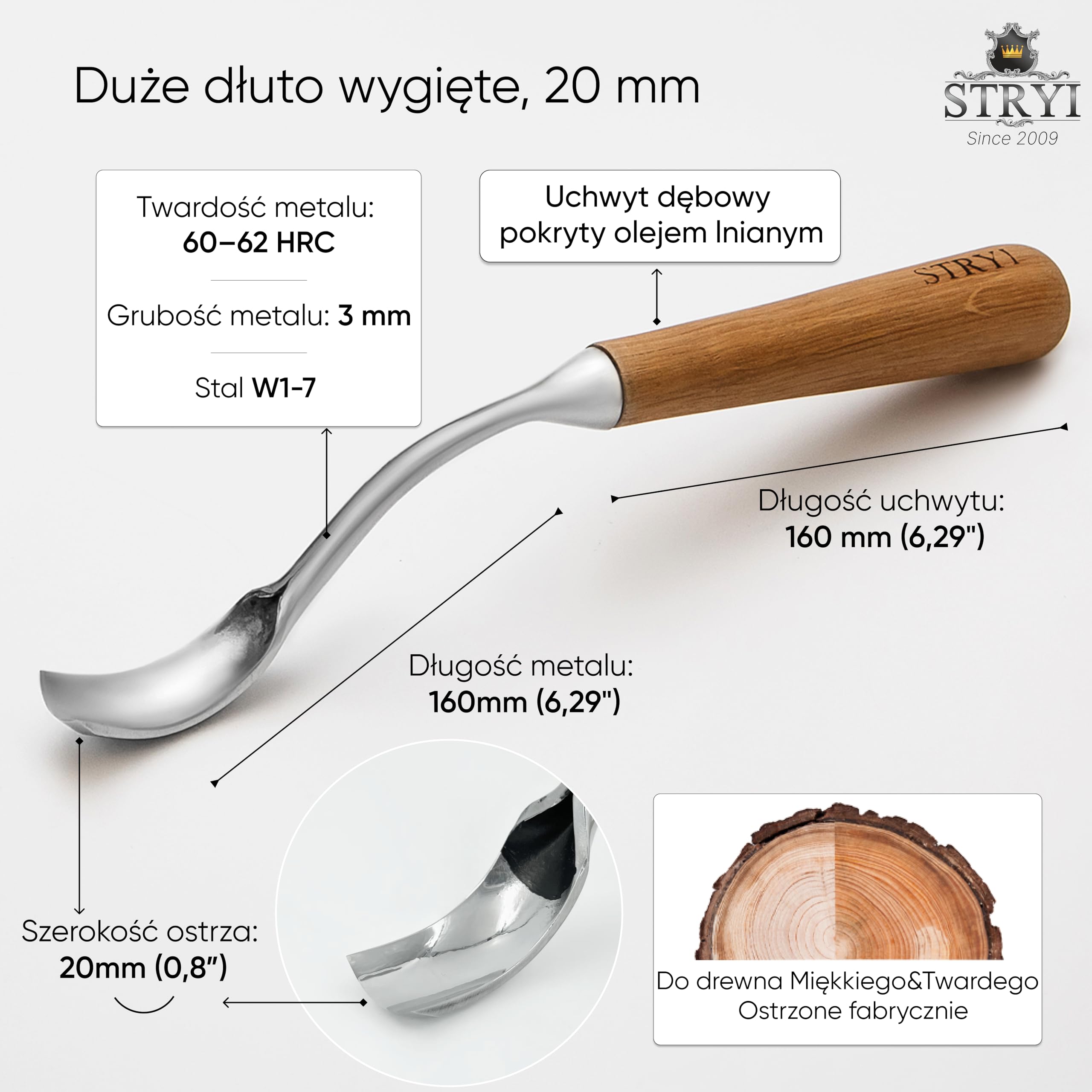 STRYI Profesjonalne, duże, zakrzywione żelazko – 20 mm – ręcznie kute narzędzie do głębokiego rzeźbienia w drewnie – idealne do kuksa, łyżek, misek – dłuto do misek