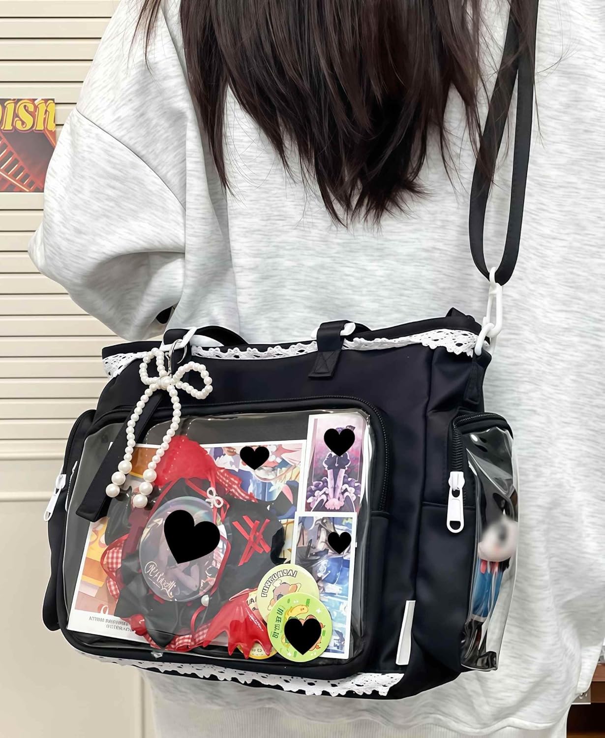 Ita Crossbody Tote Bag, Pin Display Bag with Insert, Cute Messenger Bag, Tote Bags with Zipper Ruffle, Y2k Aesthetic Trendy - Image 8