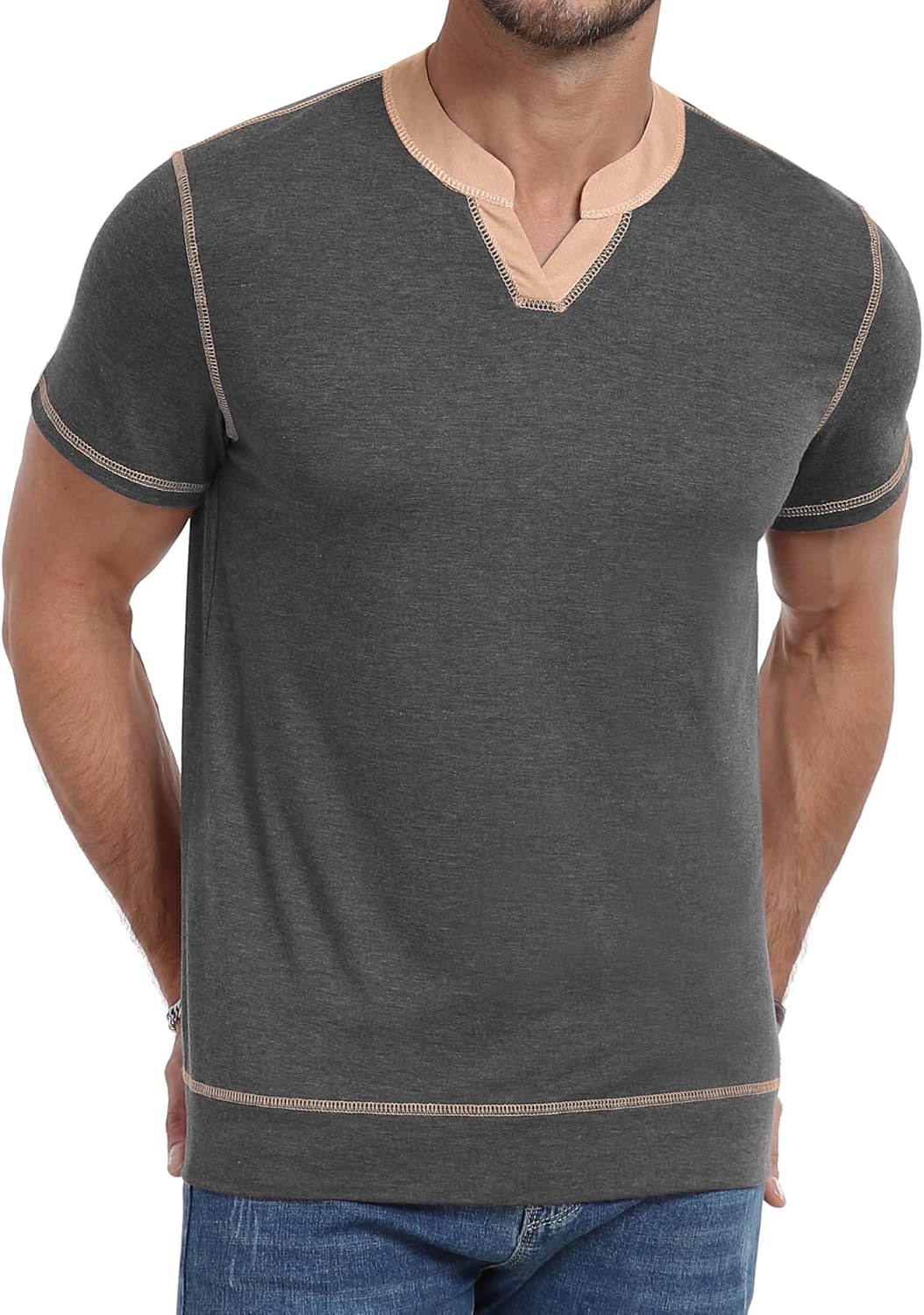YTD Mens Henley Shirts Short Sleeve Casual V Neck Basic Tee Shirts Summer Vintage T-Shirts