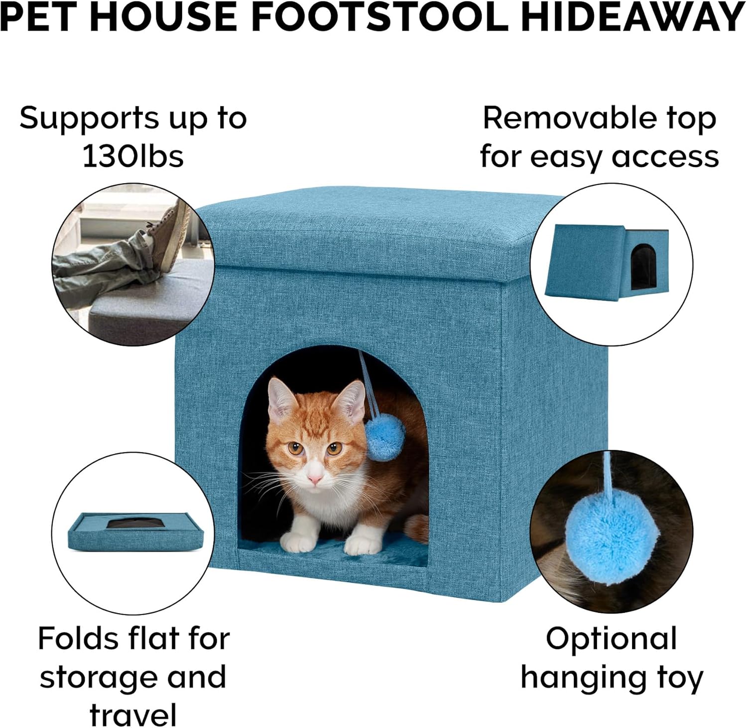 review Furhaven Pet House for Indoor Cats & Small Dogs, Collapsible & Foldable w/ Plush Ball Toy - Living Room Footstool Cat Condo - Ocean Blue, Small