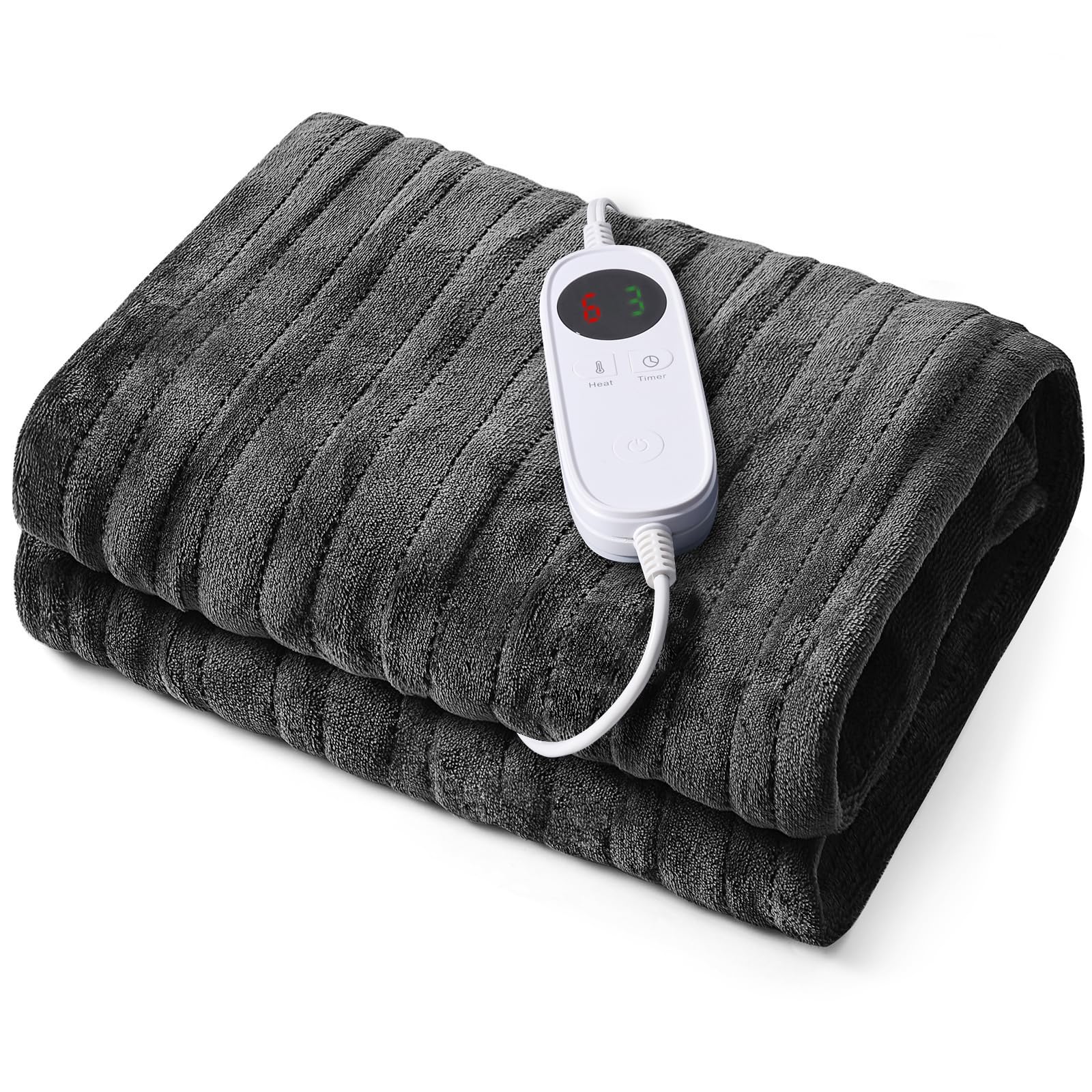 JinJeeo Heated Throw Blanket 62"x84",Electric Blanket Dark Grey Flannel Blanket Fast Heating Blanket,6 Heat Settings 9 Hour Auto Shut Off,Home Office Use Machine Washable