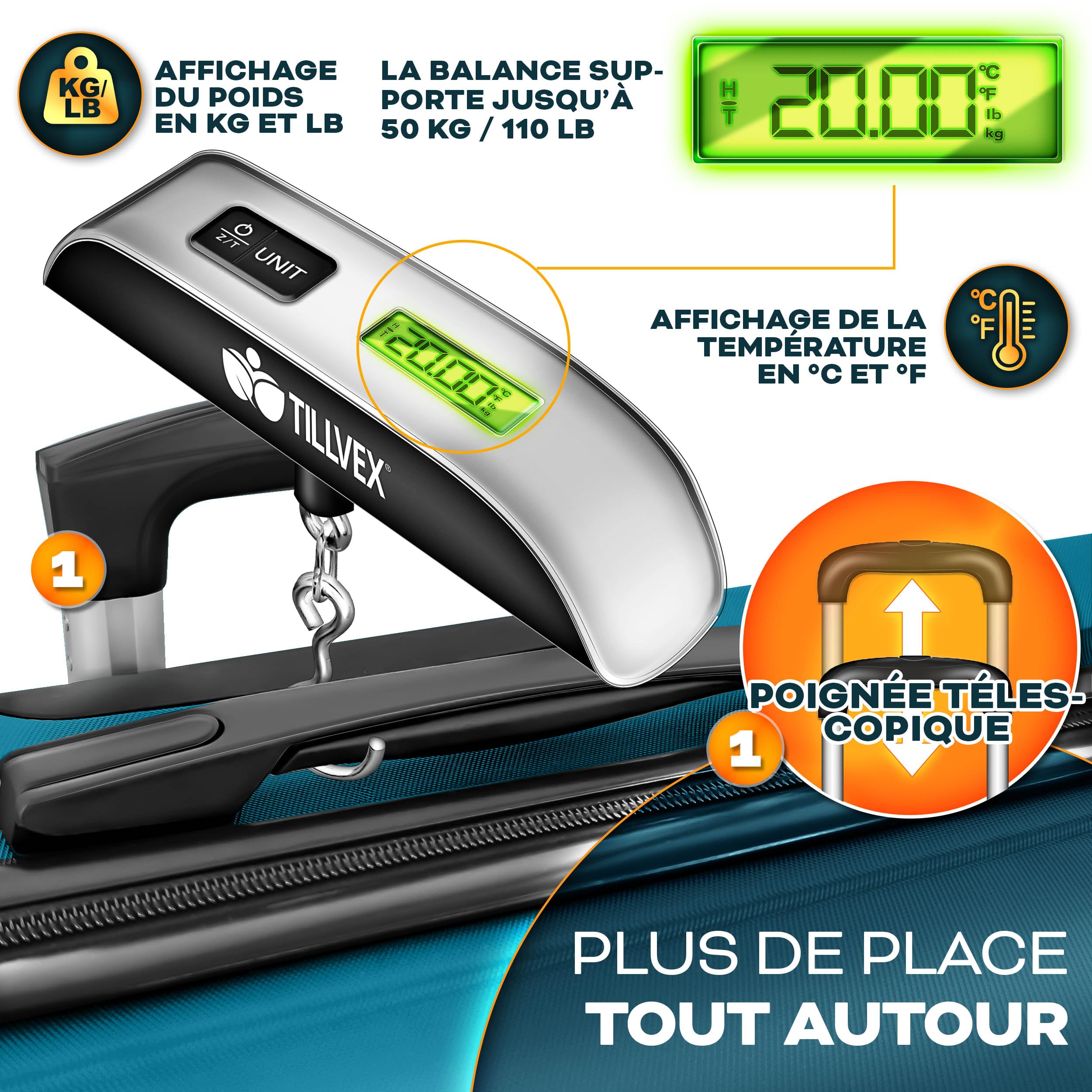 tillvex® Set de 4 Valises de Voyage + Balance, 4 Sangles à Bagages et 4 étiquettes à Bagages | Lot de valises avec roulettes et TSA Lock | Sacs de Voyage à Coque Rigide S-M-L-XL (Turquoise)