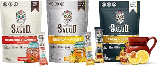 Salud Variety Paquete de 3  Hidratación 2 en 1 + inmunidad (fresa), energía + enfoque (mango de piña) y calma + sueño (miel de limón), 15 porciones