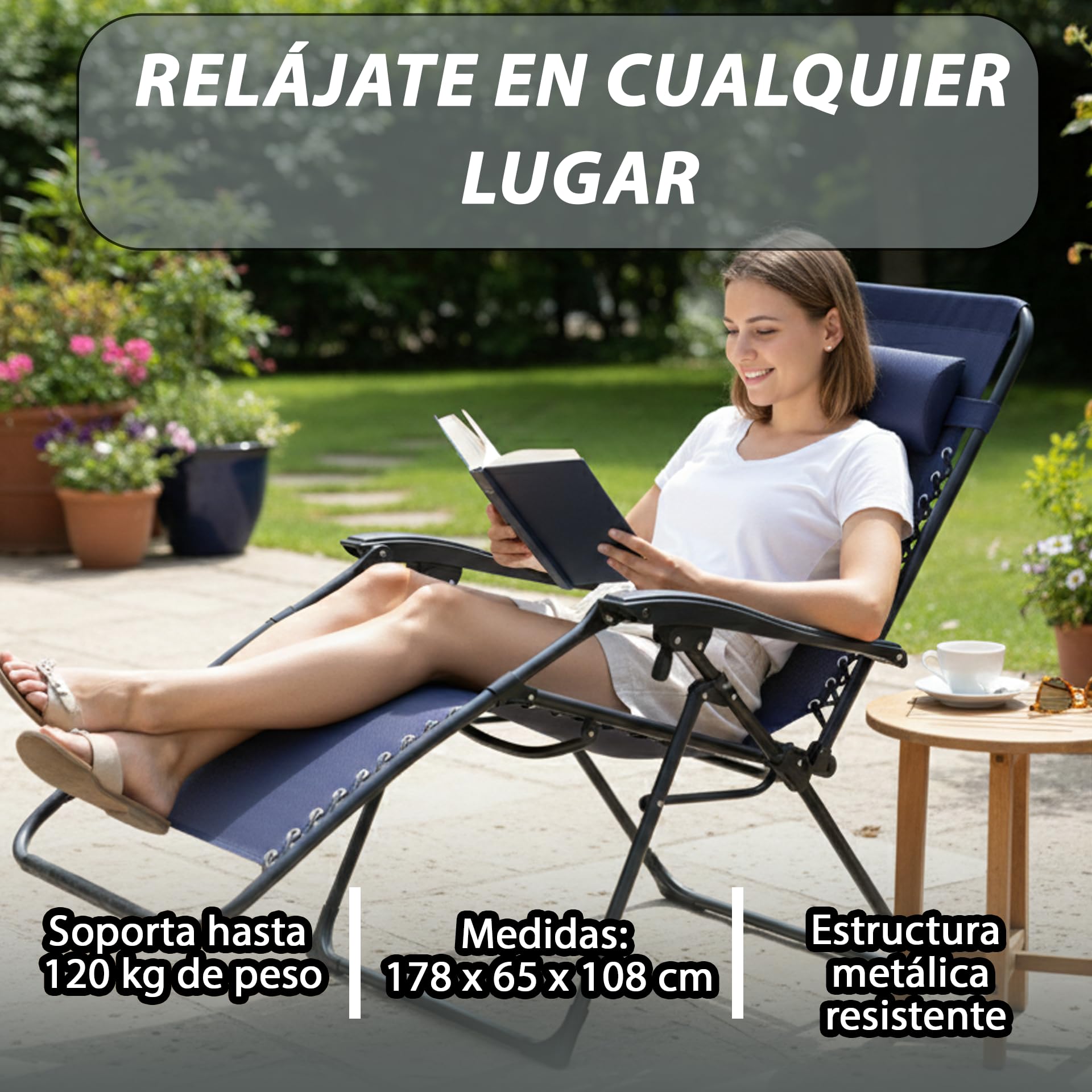 Tumbona Plegable para Exterior | con Cojín y Reposapiés Acolchados | Silla Reclinable Ergonómica y Resistente | Estructura de Acero | Ideal para Jardín, Terraza, Playa (Azul Oscuro)