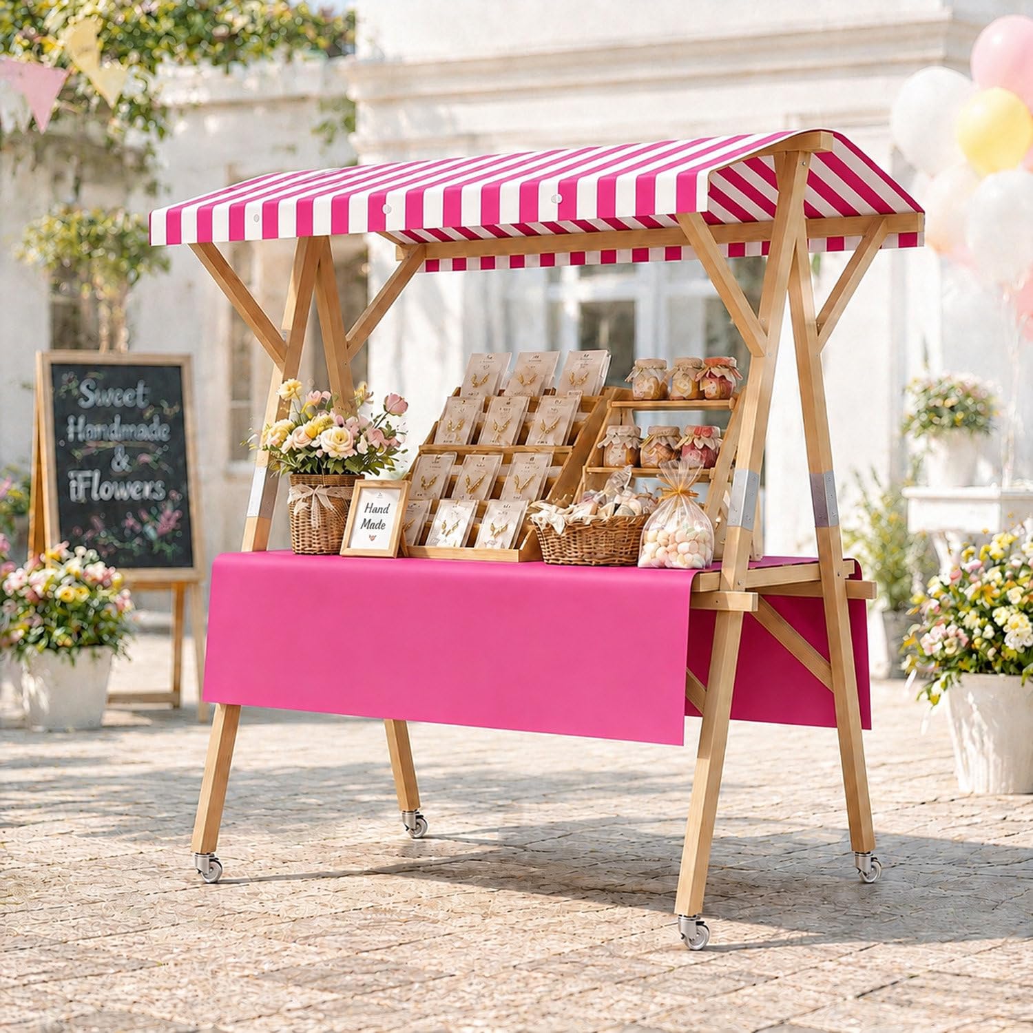 COAKUE Portable Foldable Wooden Farmers Market Stand on Wheels with Awning, Outdoor Vendor Cart Roadside Farm Stand for Roadside Vending, Markets & Craft Fairs PinkA-120cm/47.2in