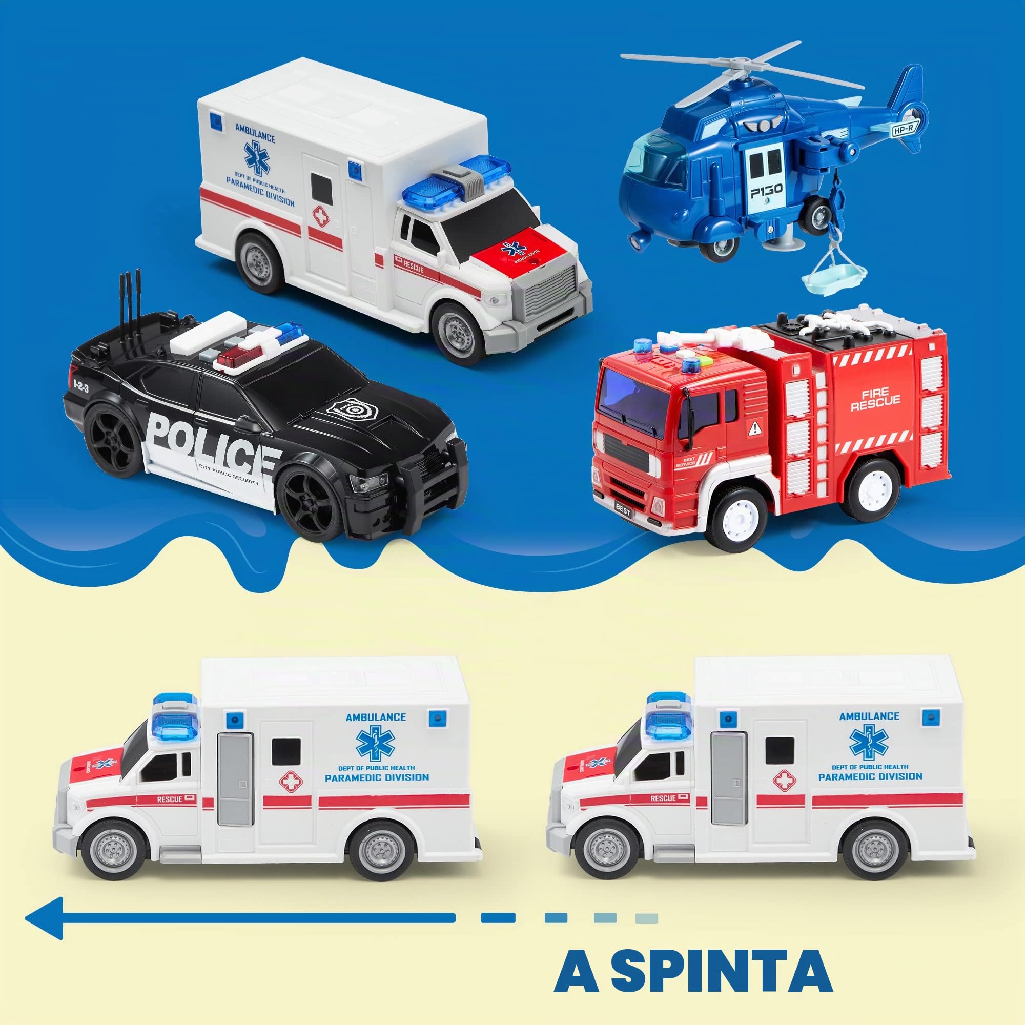 JOYIN Set di 4 set di gioco City Hero alimentati da Attrito, comprendente un camion dei pompieri, un'ambulanza, un'auto della polizia e un elicottero di soccorso