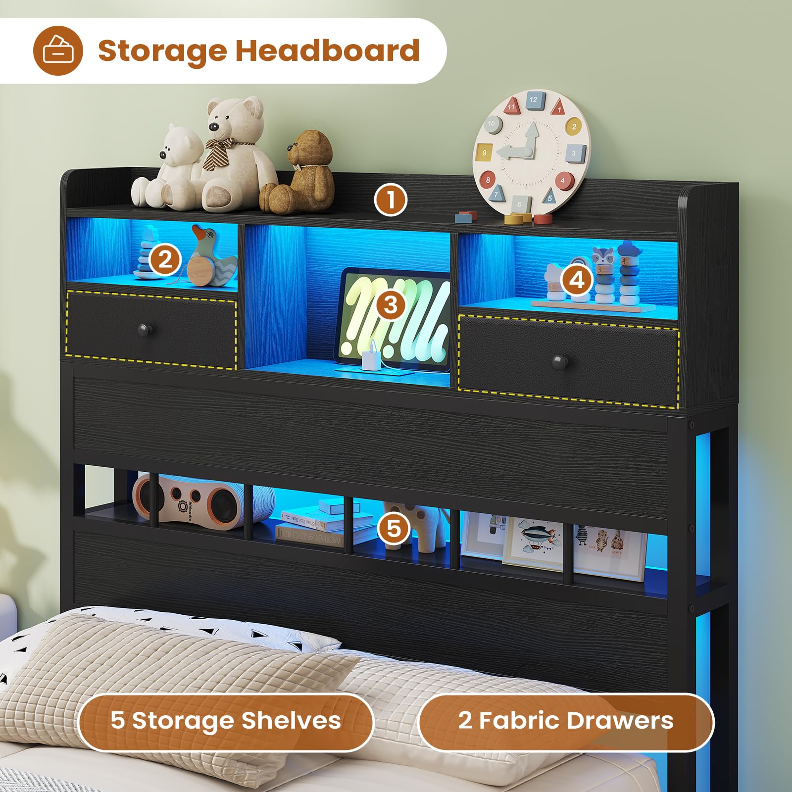 BTHFST Twin Bed Frames with Headboard & Charging Station, LED Bed Frame Twin with 5 Storage Shelves & Under Bed Storage, Platform Bed Frames for Kids, No Box Spring Needed, Black