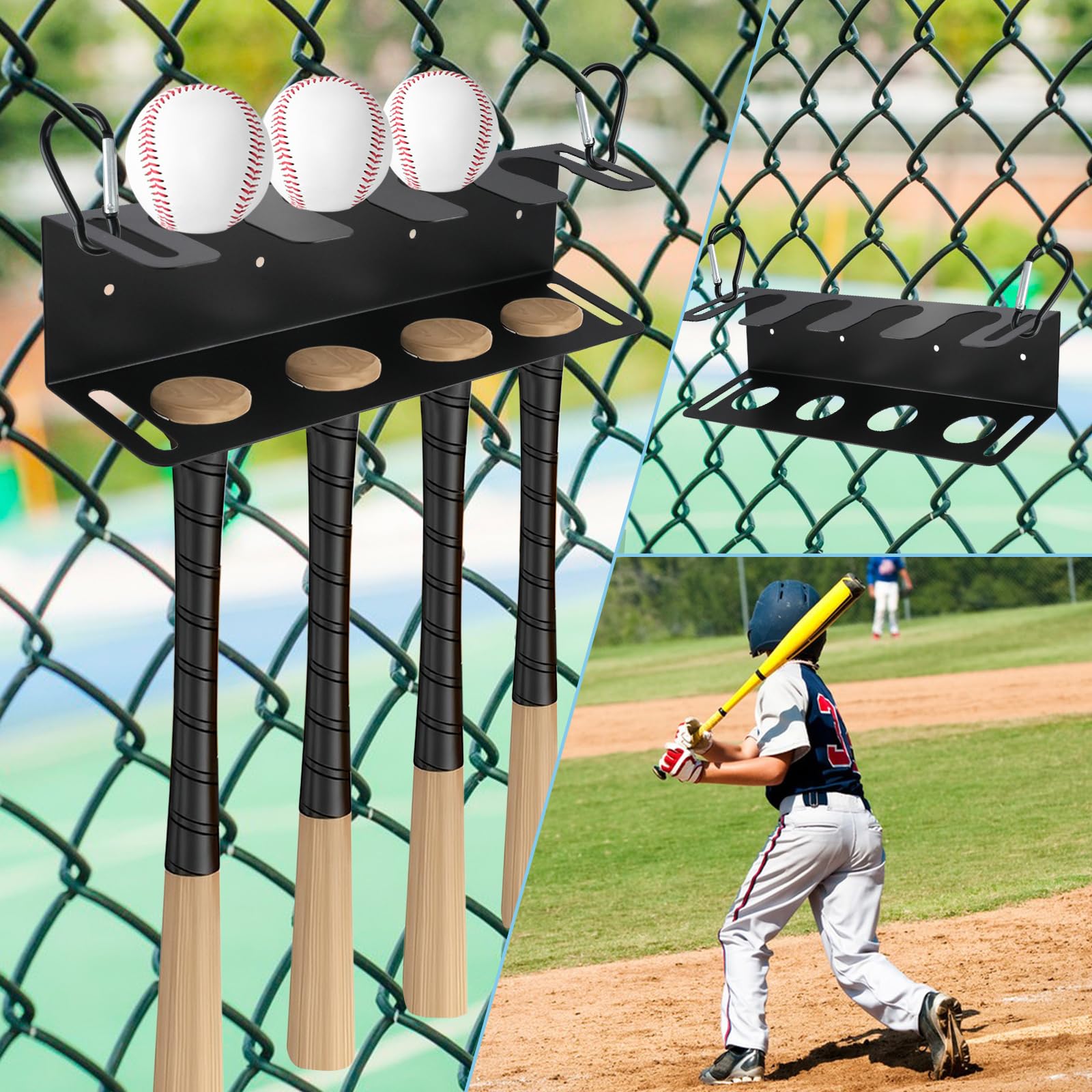 Mensola da baseball in metallo resistente per racchette e palline, organizer per attrezzature sportive (nero)
