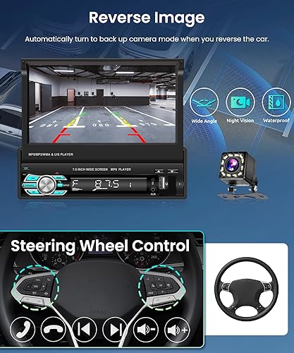 Miniatura 4 de Rimoody - Radio estéreo para automóvil con pantalla táctil DIN individual con Bluetooth, pantalla abatible eléctrica de 7 pulgadas, enlace de