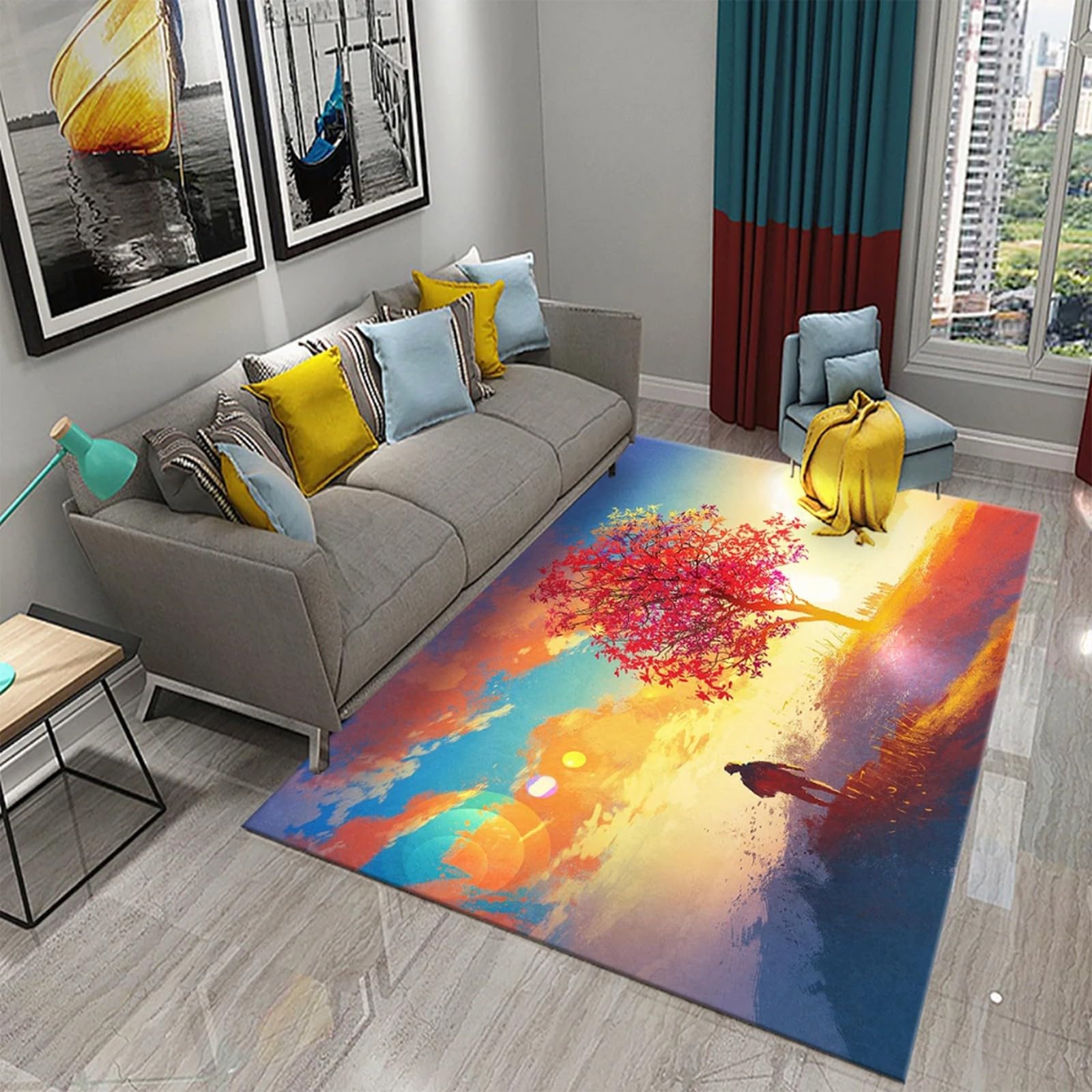 Tapis de living room 3D paysage soleil levant doux et antidérapant 100x200 cm