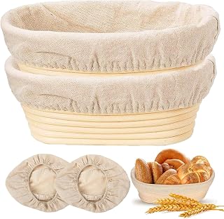 Banneton Bread Proofing Basket - Proofing Basket Set of 2 (10 inch Oval) - Natural Rattan Banneton with 2 Linen Liners - Bread Basket for Sourdough Bread Baking Supplies