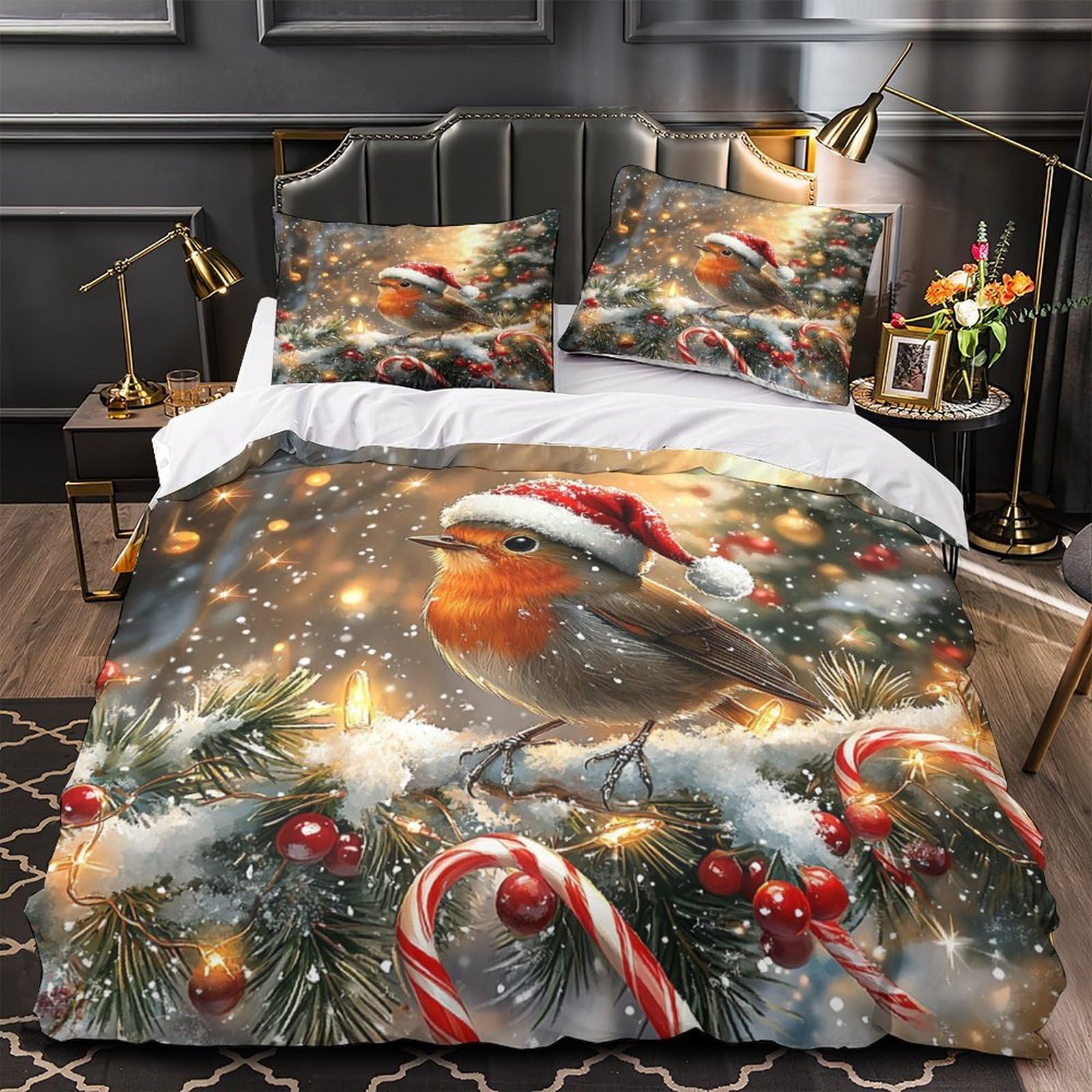 Parure de lit Noël Robin 3D microfbre lit simple 135x200 pour enfant