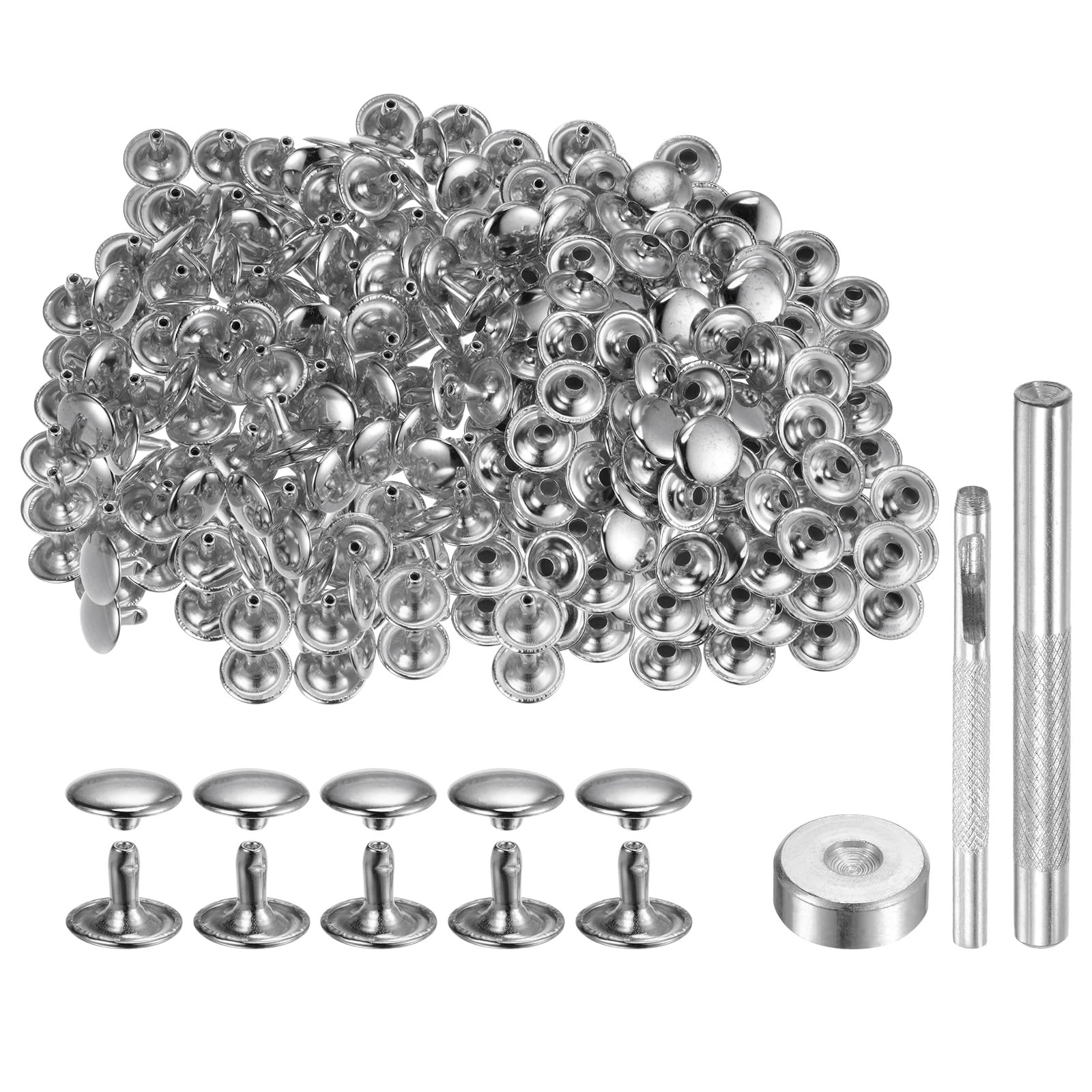 HARFINGTON Juego de 200 remaches de cuero de 12 mm x 10 mm, remaches de metal de doble tapa con 3 herramientas de ajuste, remaches para manualidades, reparación de cuero, decoración, tono plateado