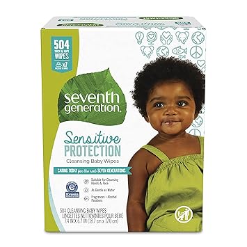 Seventh Generation Baby Wipes, Free & Clear with Flip Top Dispenser, White Unscented 504 Count