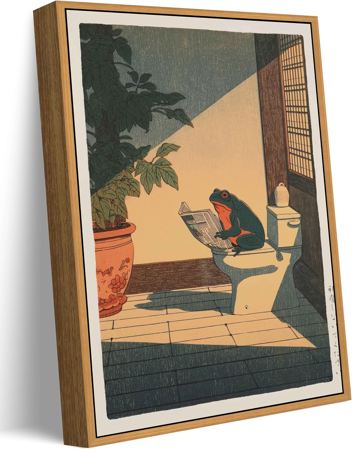 Framed Funny Frog Bathroom Wall Art, Cute Japanese Frog in Toilet Wall Decor, Whimsical Green Animal Restroom Poster Canvas Painting Prints Artwork 8x10in