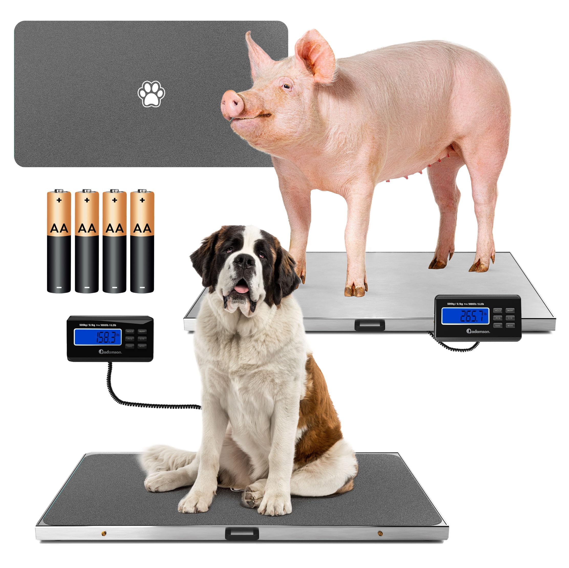 Adamson Tierwaage 500 kg – Digitale Plattformwaage & Hundewaage für große Hunde, Schafe, Ziegen & Schweine – Präzise Viehwaage mit Tare, Hold & PCS – Batteriebetrieb oder Netzteil