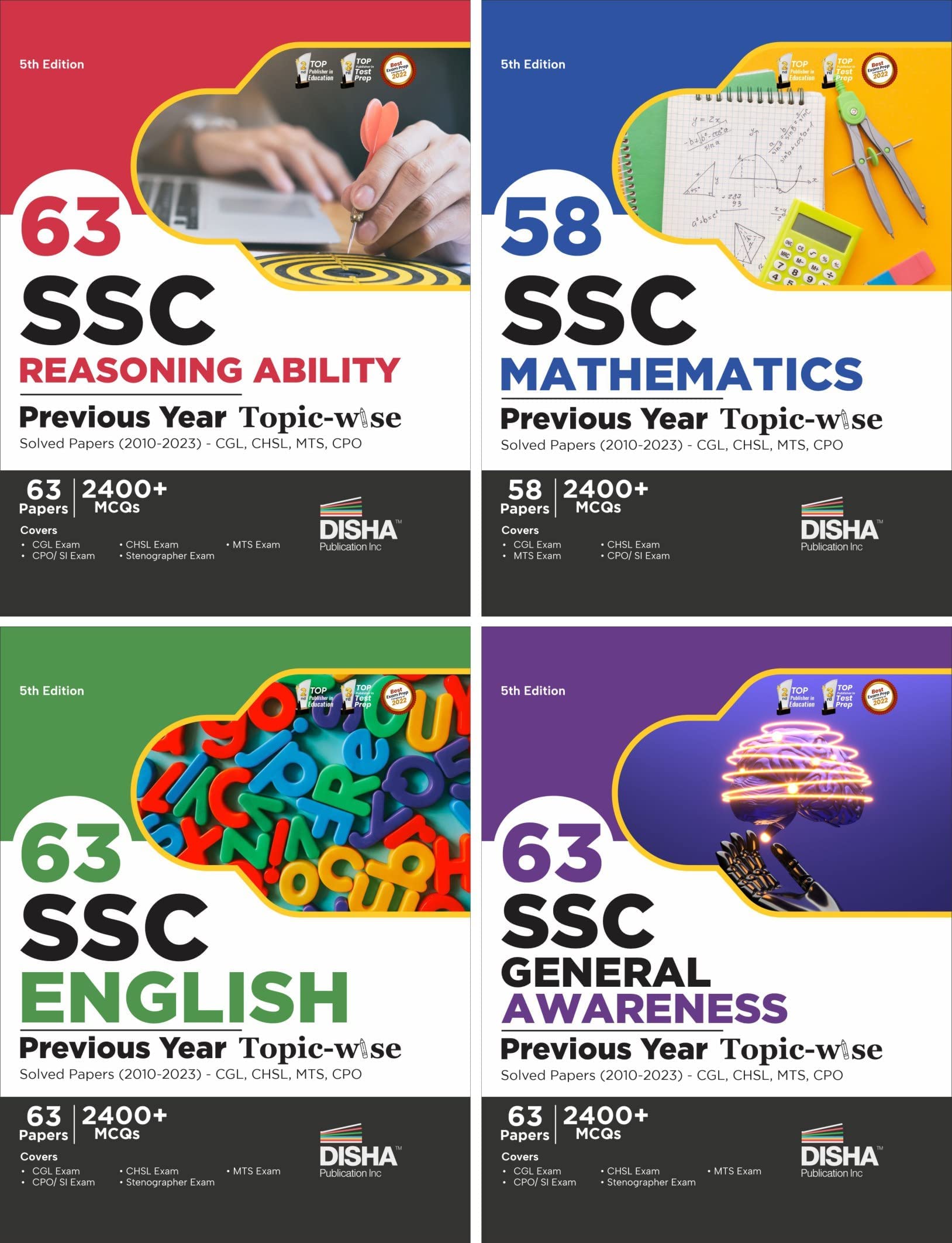 Combo (set of 4 Books) 63 SSC Mathematics, English, Reasoning Ability & General Awareness Previous Year Topic-wise Solved Papers (2010 - 2023) - CGL, CHSL, ... - set of 4 Books 5th Edition | 9600+ PYQs