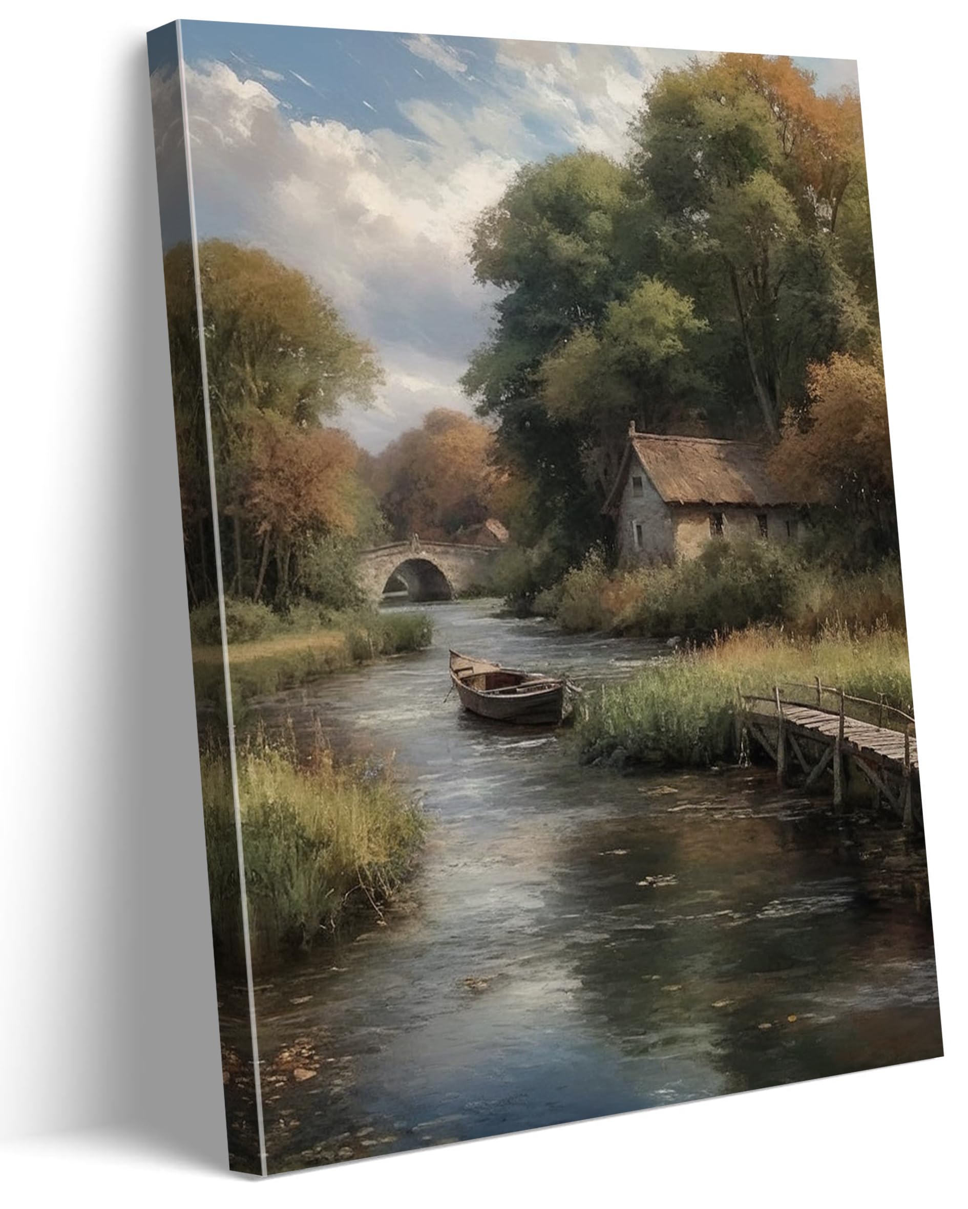 Tocdgoo Colorful Rustic Farmhouse Wall Art Framed 12X16 Inch, Vintage Country River Boat Cottage Canvas Print For Living Room Bedroom Cabin, Peaceful Nature Landscape Decor