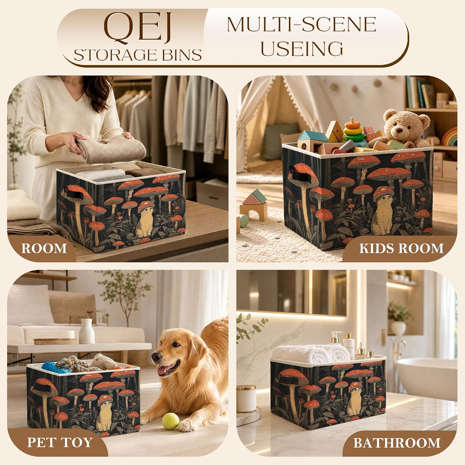 Cat Storage Basket Bin, Cat Lover Gifts | Vintage Mushroom Forest Collapsible Laundry Basket with Handles for Bedroom Bathroom Office Closet Clothes Toys