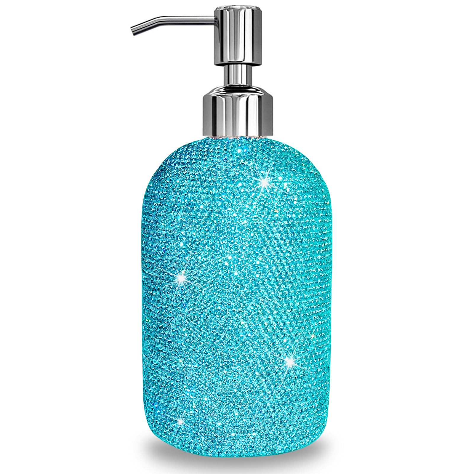 SlowVibes 18Oz Bling Blue Soap Dispenser with Rust Proof Stainless Steel Pump,Refillable Liquid Hand Wash Bottle for Bathroom Kitchen,Sparkle Decorative Shower Dispenser,Rhinestone Lotion Dispenser