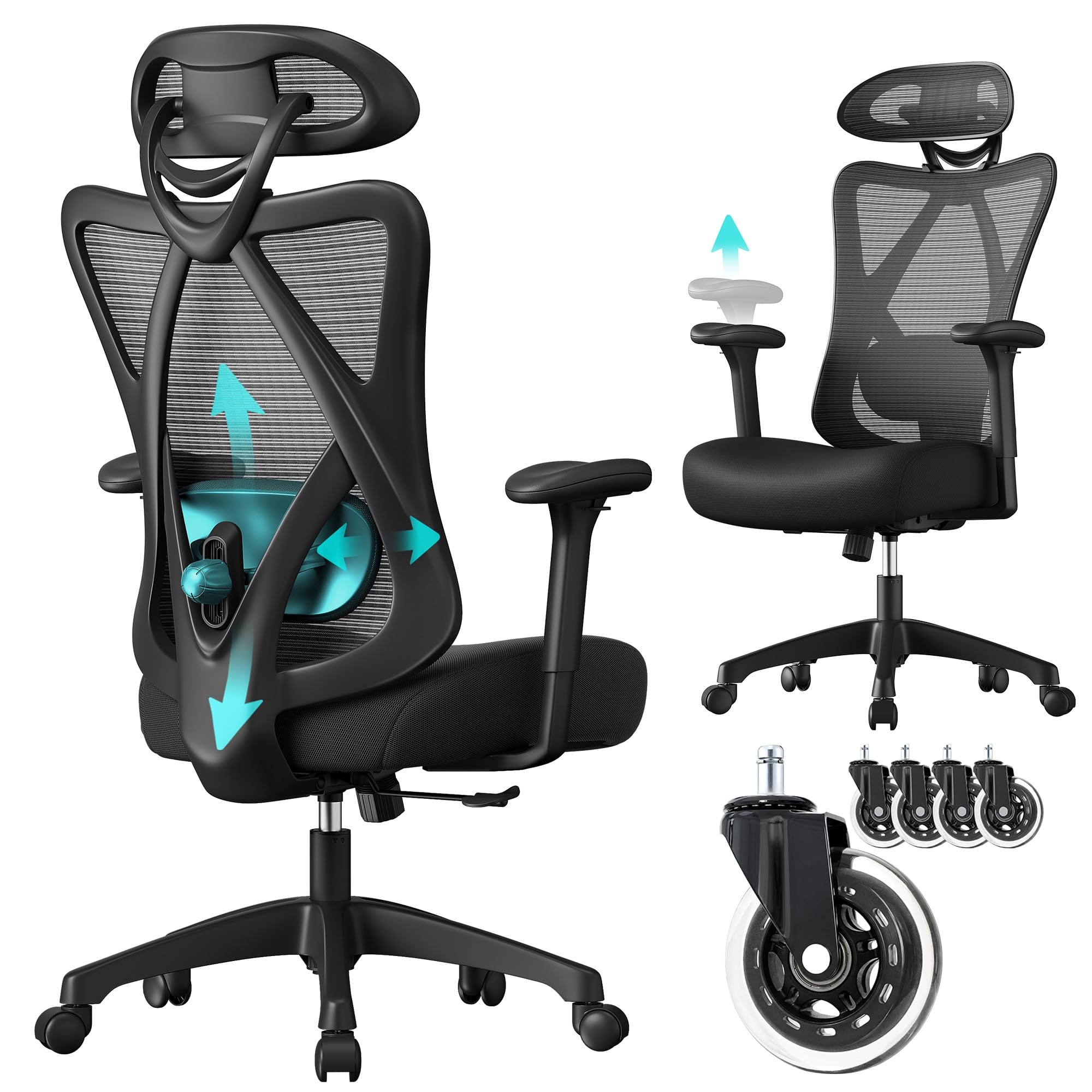 SONGMICS Bürostuhl ergonomisch, Schreibtischstuhl, Computerstuhl, Netzstuhl, verstellbares Lenden- und Kopfkissen, bis 150 kg belastbar, höhenverstellbar, leise Rollen, tintenschwarz OBN063BH01-01