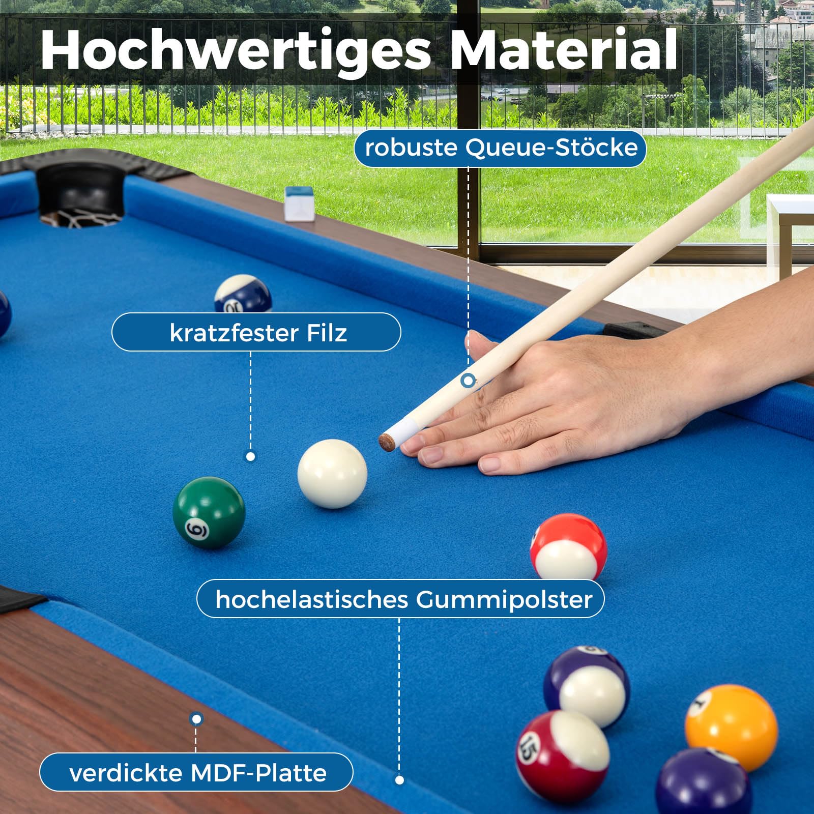 GOPLUS Billardtisch aus Holz mit 16 Billardkugeln, 2 Queues, Dreieck & Bürste, Spieltisch für Kinder & Erwachsene