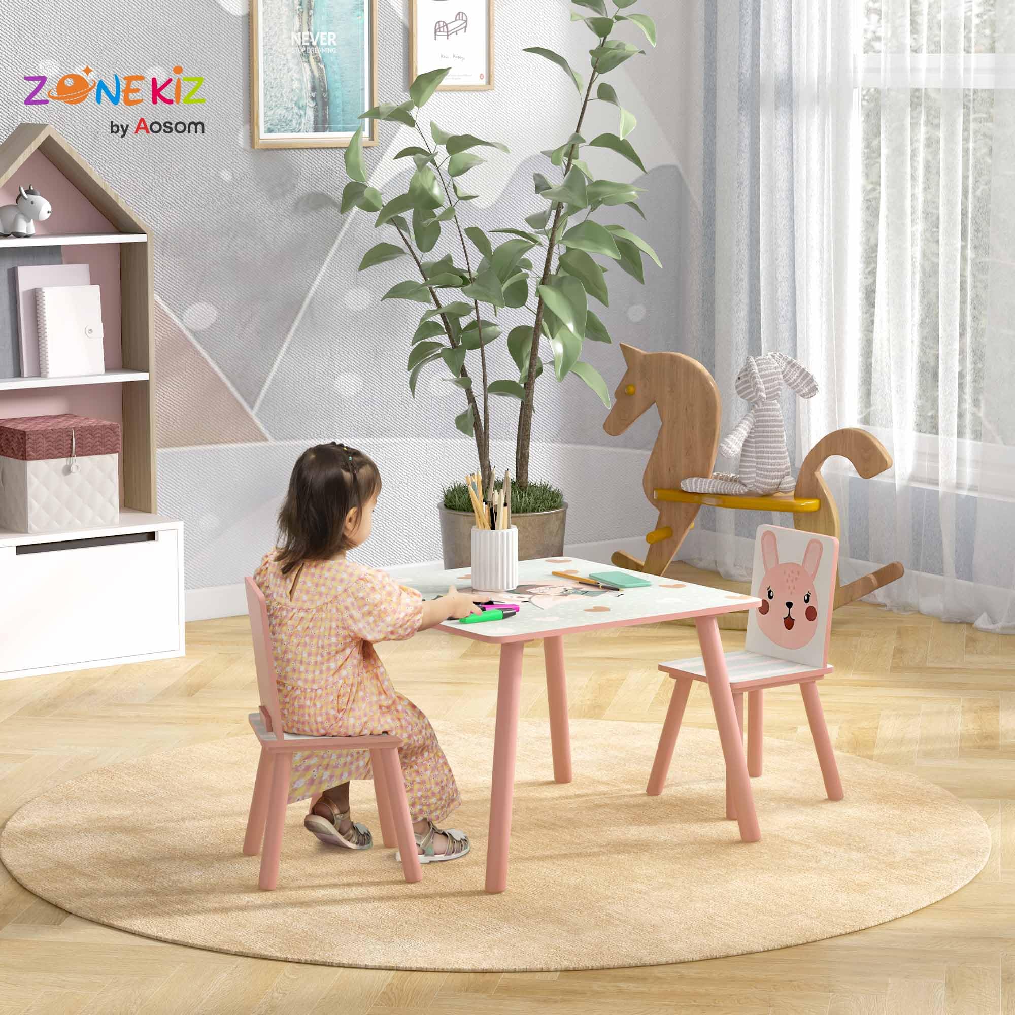 ZONEKIZ Set 3 Pezzi con Tavolo e 2 Sedie per Bambini da 3-8 Anni in MDF e Legno di Pino, Tavolino per Bambini e Seggiole con Disegni di Animali, Rosa