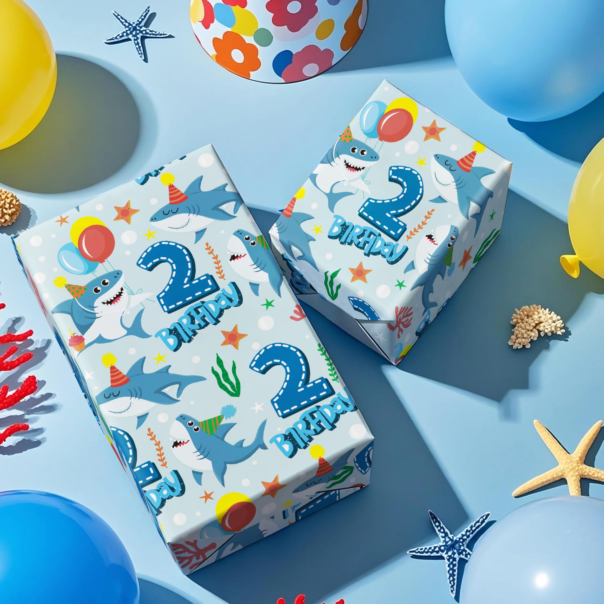 WRAPAHOLIC Rollo de papel de regalo de segundo cumpleaños – Mini rollo – 17 pulgadas x 16.5 pies – Papel de regalo colorido de tiburón océano perfecto para cumpleaños de niños, baby shower