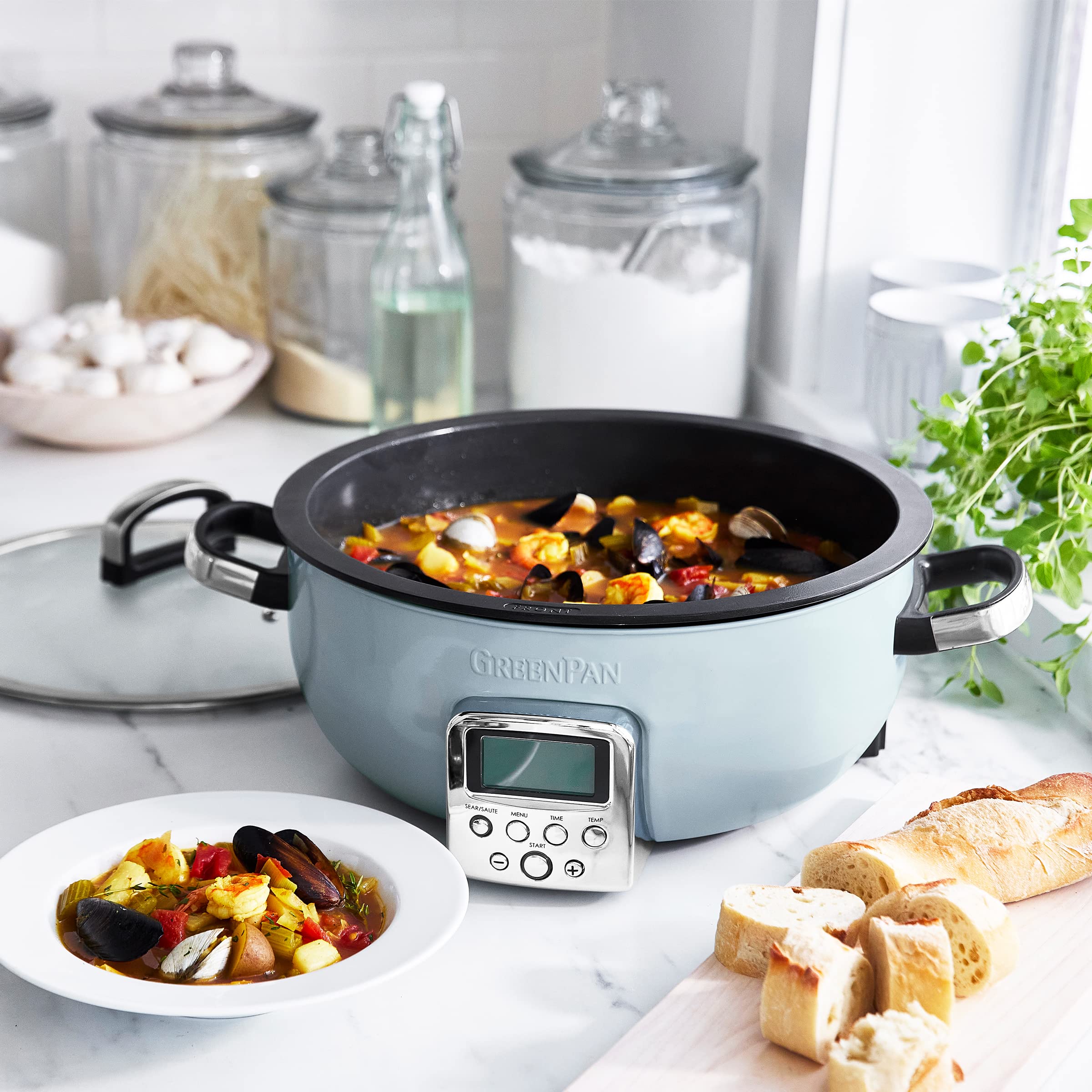 GreenPan Elite Multicooker Eléctrica 5.6L, Preajustes Saltear, Recubrimiento Cerámico Antiadherente Sin PFAS, Pantalla LED, Azul Haze