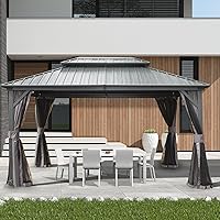 Vista 2 de Domi Gazebos de techo rígido de 12 x 14 pies, cenador de metal de aluminio con toldo de doble techo de acero galvanizado, cortina y red, pabellón