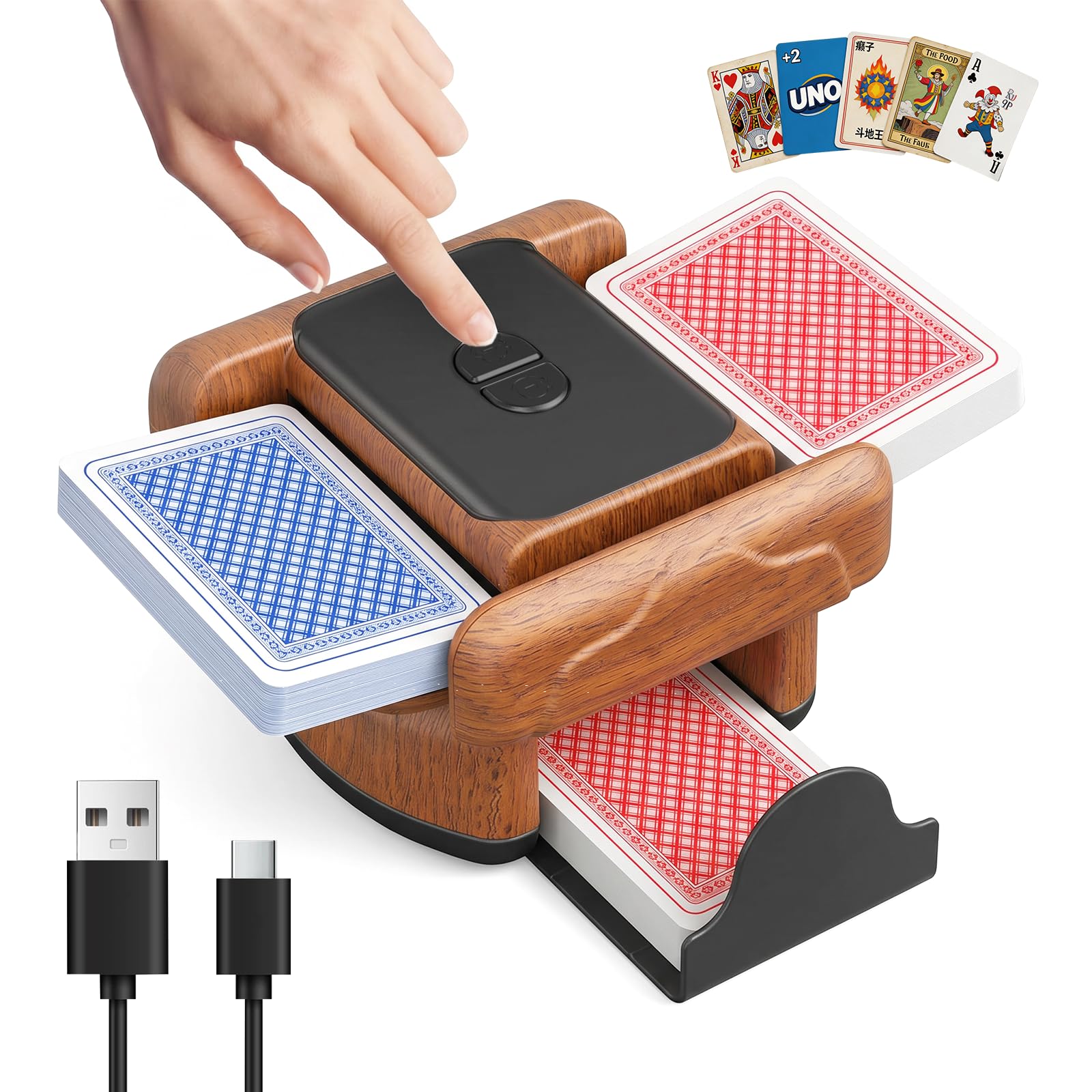 Automatic Card Shuffler Machine for 1-2 Decks, Rechargeable Electric Card Shuffler with One-Press AUTO & Manual Mode, Low Noise Portable Playing Card Shuffler for Poker, UNO, Bridge, Texas, Phase 10
