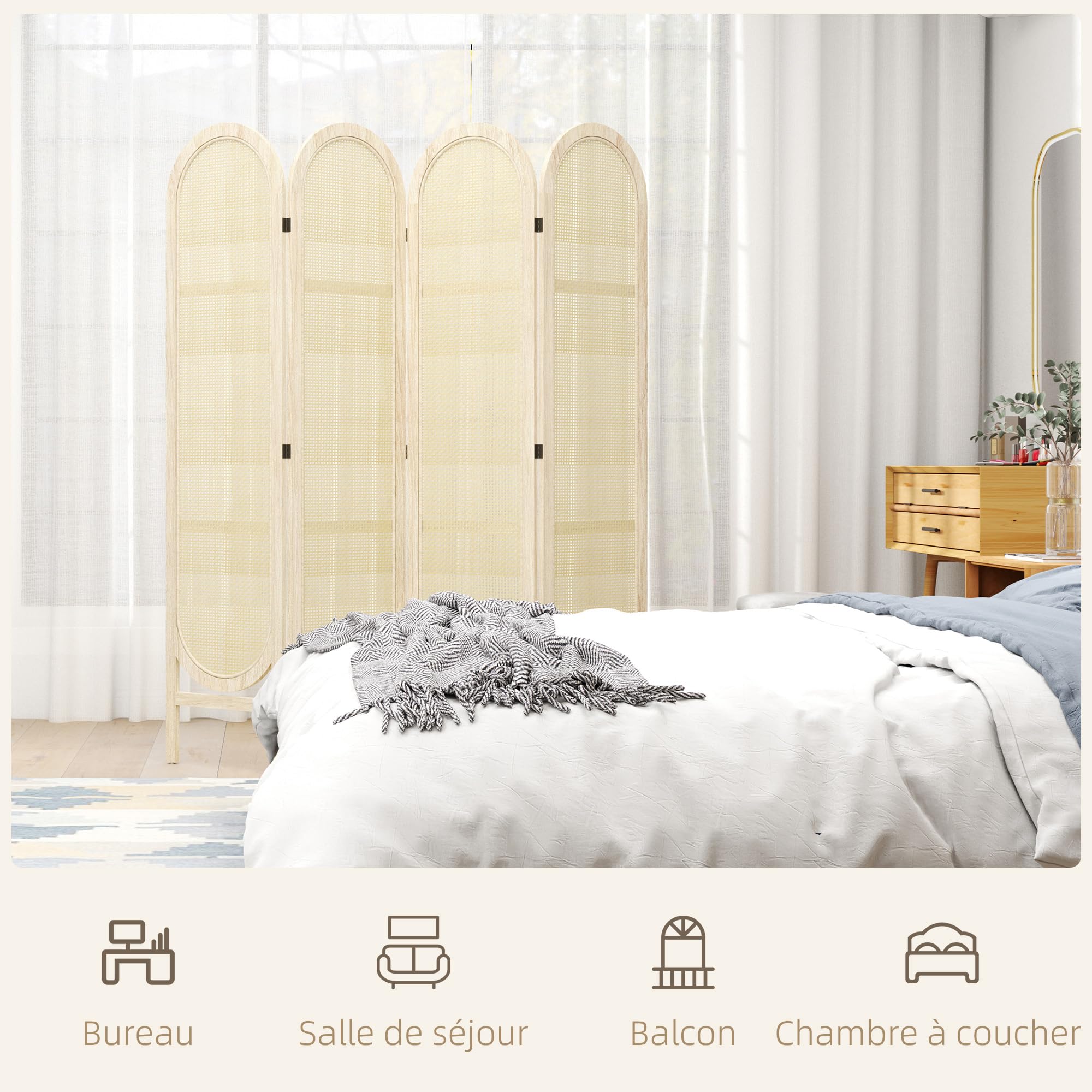 HOMCOM Paravent Interieur en Bois 4 Panneaux 170 x 160 cm séparateur de pièce Pliable et Portable, Motif tissé à la Main, cloison de séparation pour Salon Chambre à Coucher Maison, Bois Naturel